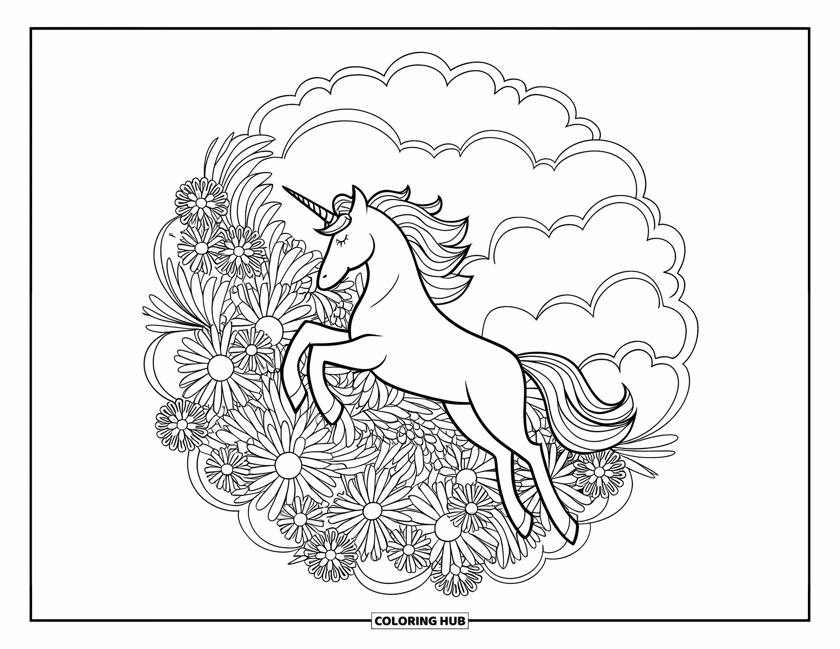 Flying Unicorn Coloring Page for Adults: Unicorn flying through a mandala sky filled with flowers and arcs