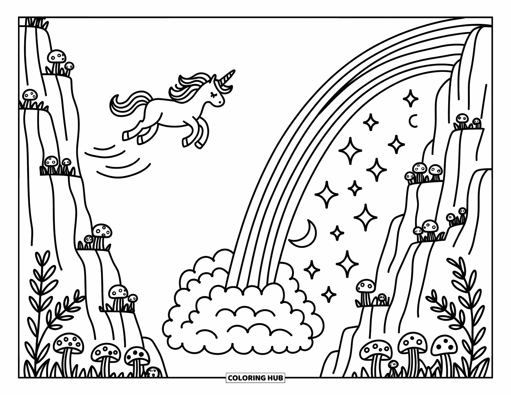Flying Unicorn Coloring Page for Adults: Unicorn gliding past waterfall with sparkling stars and crescent moons