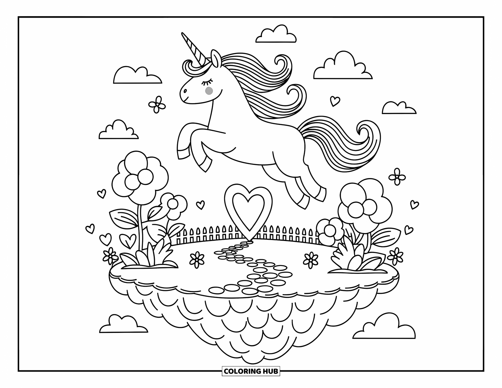 Flying Unicorn Coloring Page for Adults: Unicorn hovering over floating island with butterflies and flowers