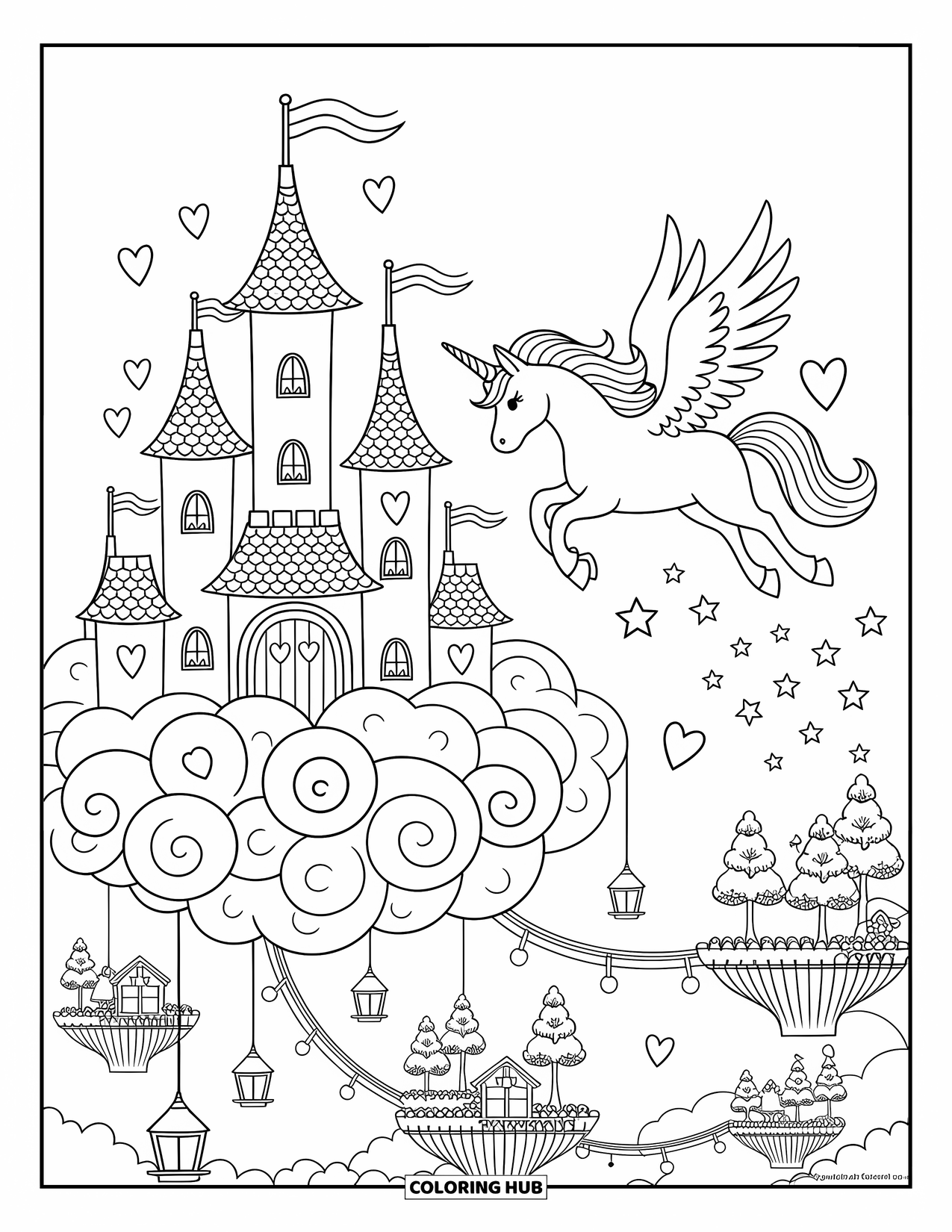 Flying Unicorn Coloring Page for Adults: Unicorn soaring past cloud castle with bridges and glowing lanterns