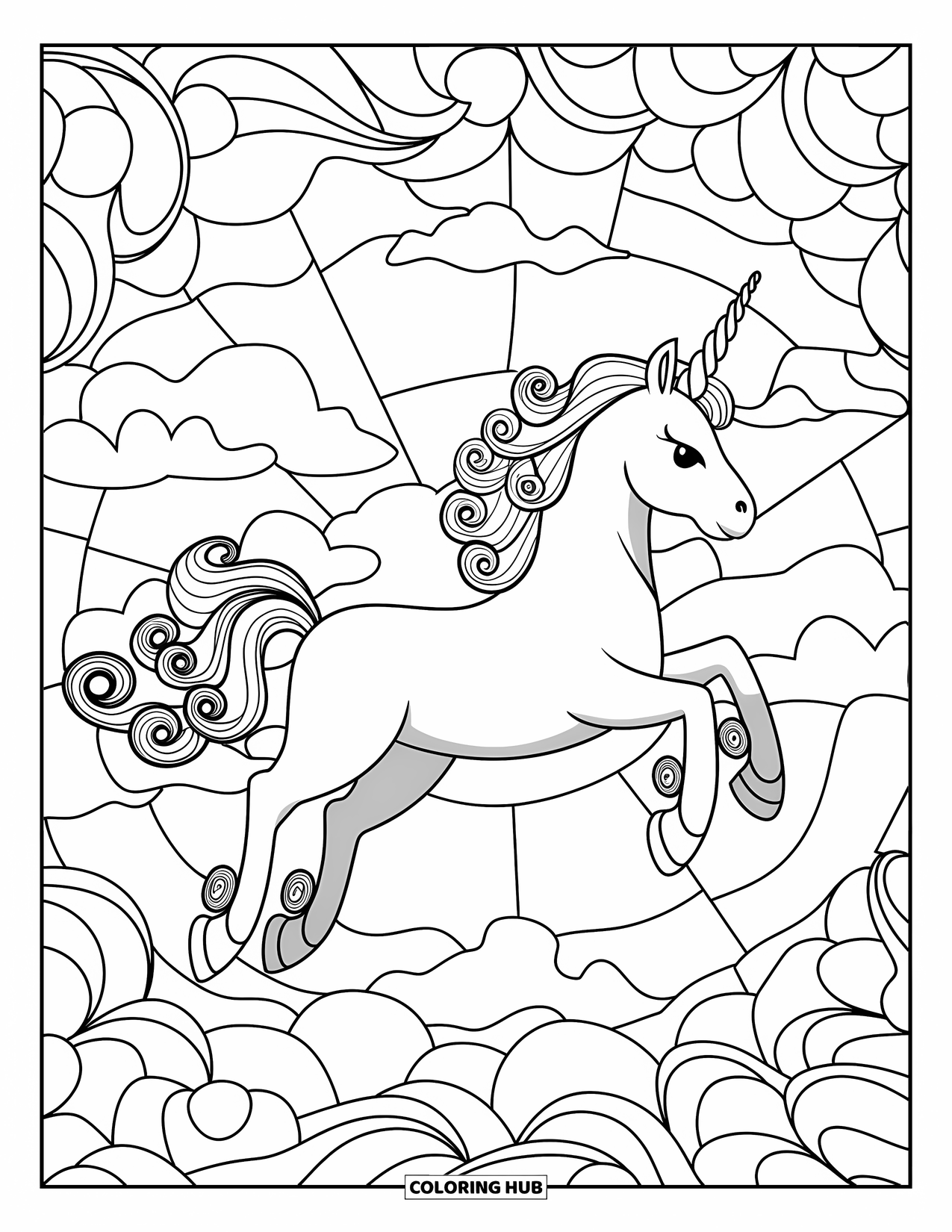 Flying Unicorn Coloring Page for Adults: Unicorn soaring through stained glass filled with swirls and clouds