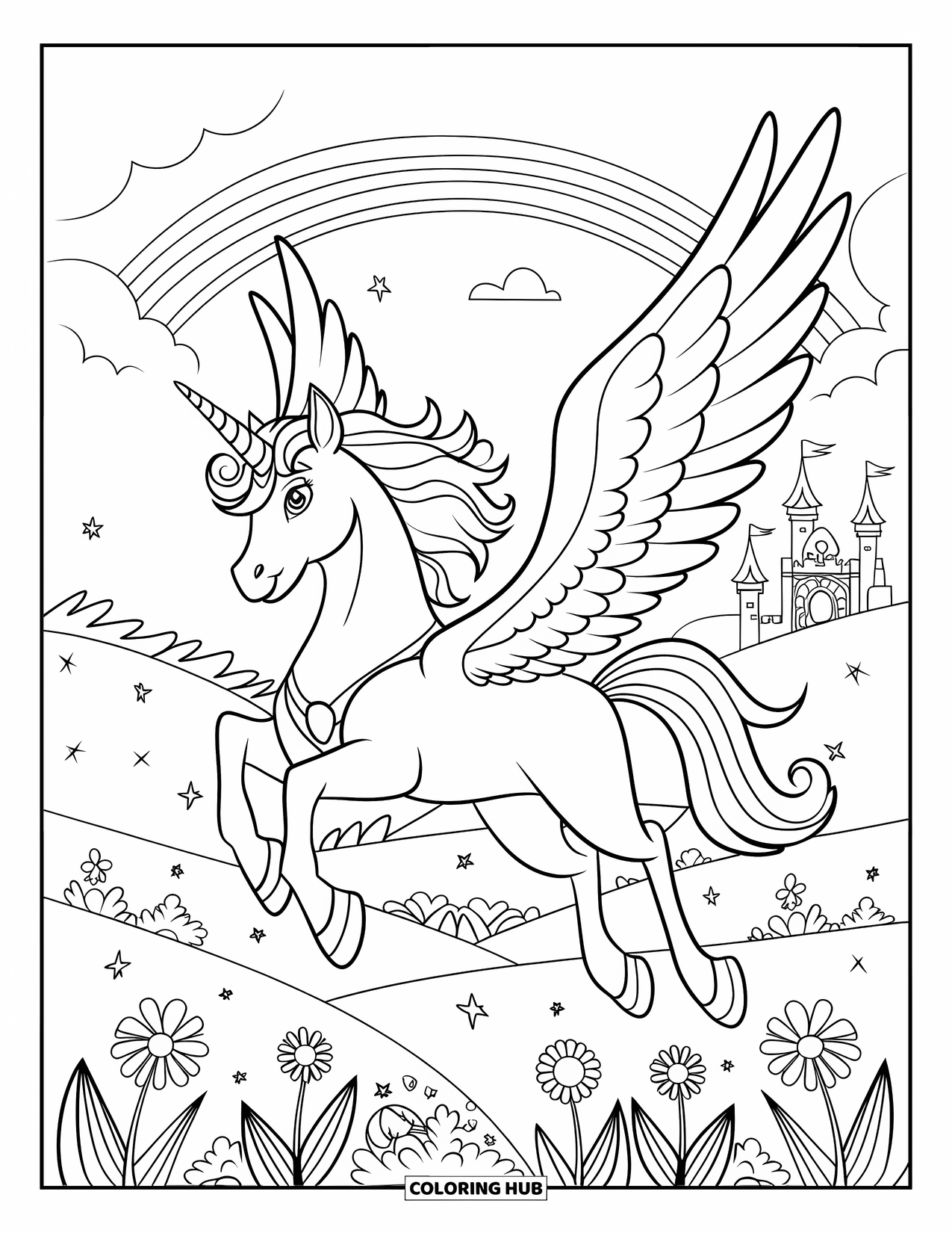 Flying Unicorn Coloring Page for Kids: Crowned unicorn soaring over meadow with rainbow and castle