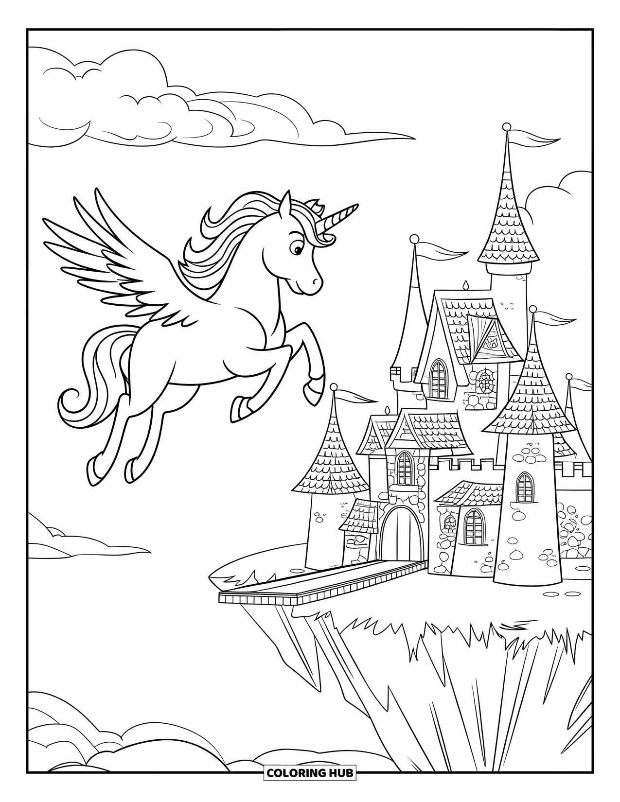 Flying Unicorn Coloring Page for Kids: Unicorn mid-flight near castle with turrets on a floating rock