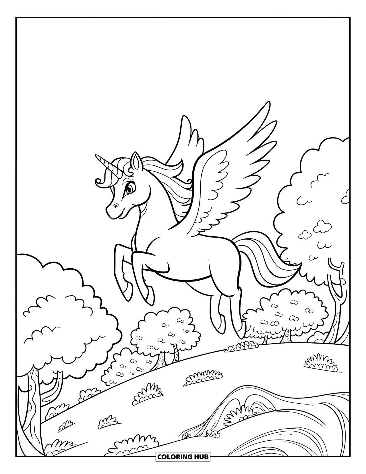 Flying Unicorn Coloring Page for Kids: Unicorn soaring with wings above puffy treetop hill