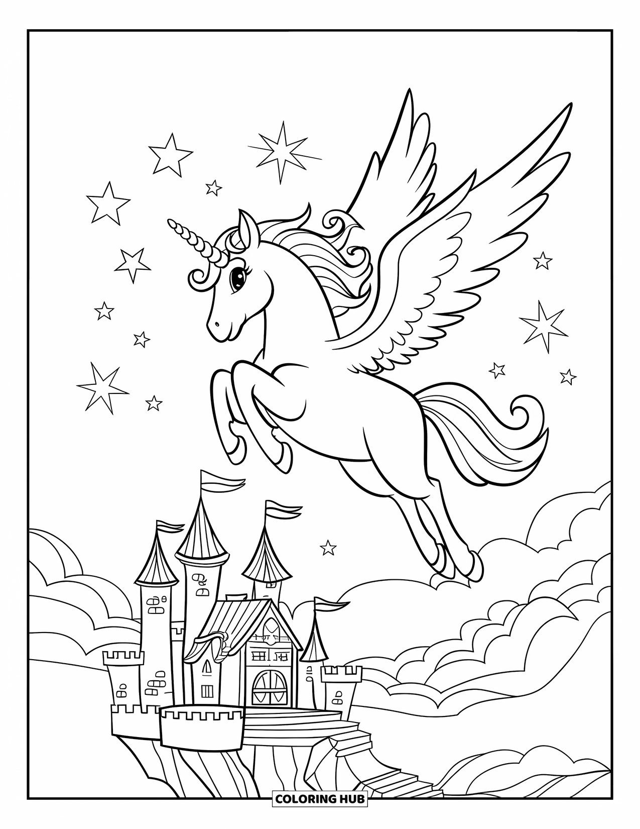 Flying Unicorn Coloring Page for Kids: Unicorn surrounded by sparkles soaring over floating castle