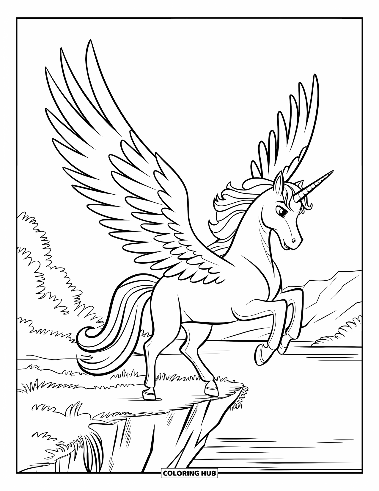 Flying Unicorn Coloring Page for Kids: Unicorn with wings galloping on cliff near calm lake