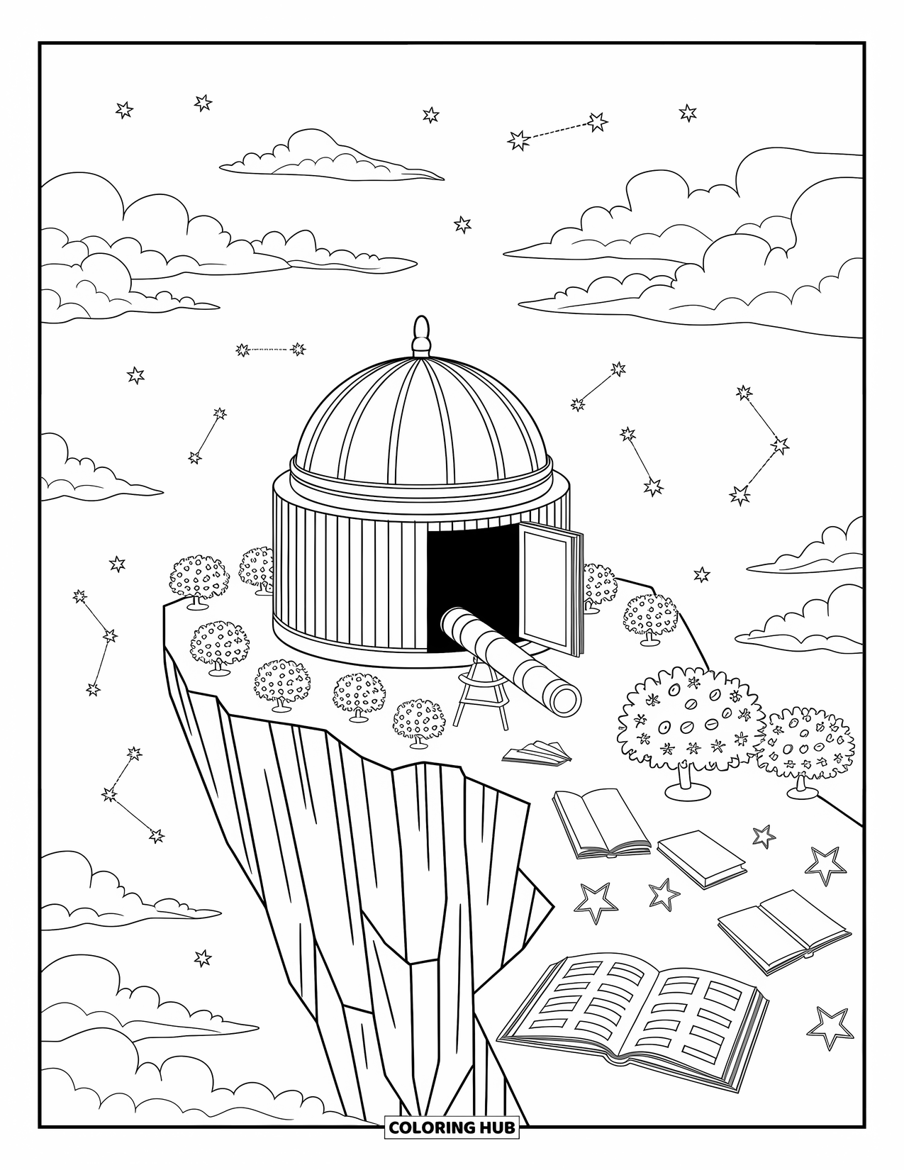 Galaxy Space Coloring Page for Adults: A cliffside observatory glows with a telescope pointed at planets