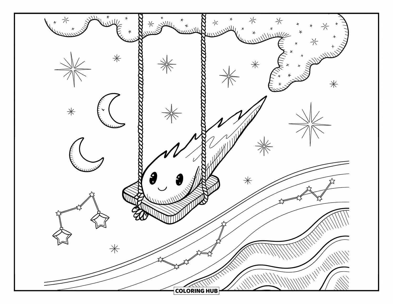 Galaxy Space Coloring Page for Adults: A comet swing glides in space with stars, nebula puffs, and glowing moons