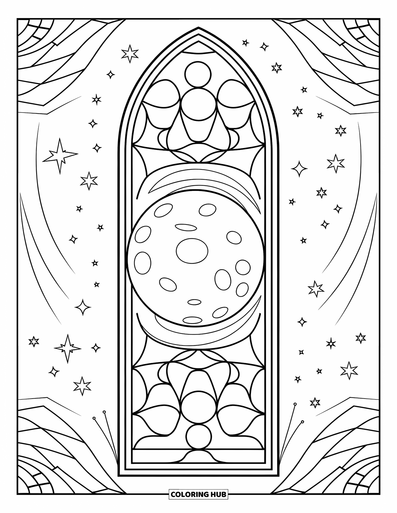 Galaxy Space Coloring Page for Adults: A cratered moon rests within a stained glass starry design