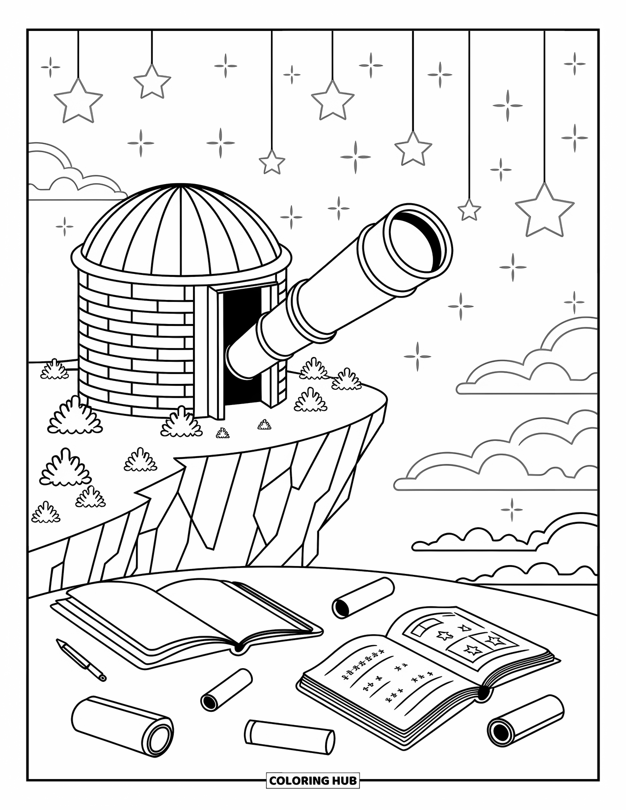 Galaxy Space Coloring Page for Adults: A dome observatory peers through a telescope toward glowing planets
