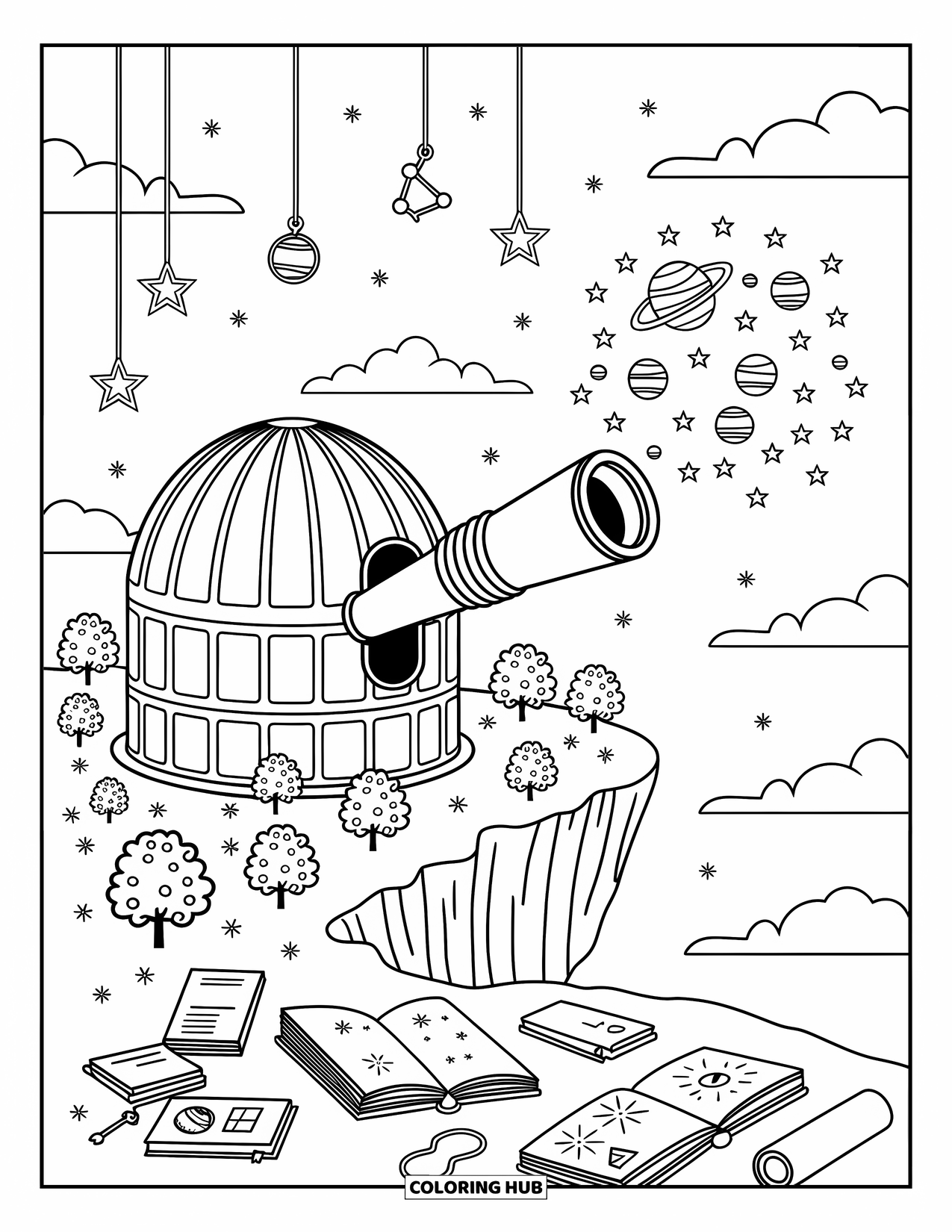 Galaxy Space Coloring Page for Adults: A floating cliff observatory glows with books, charts, and constellations