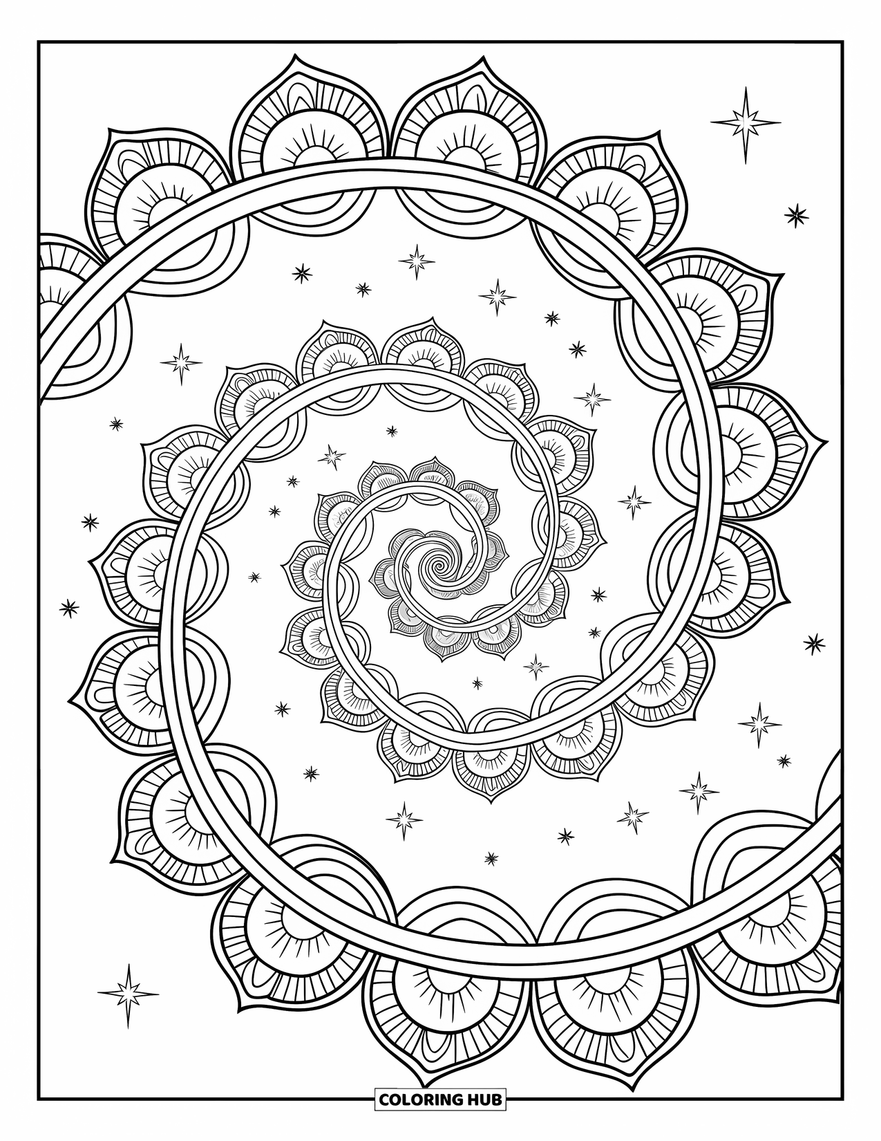 Galaxy Space Coloring Page for Adults: A spiral galaxy with patterned arms shines among stars