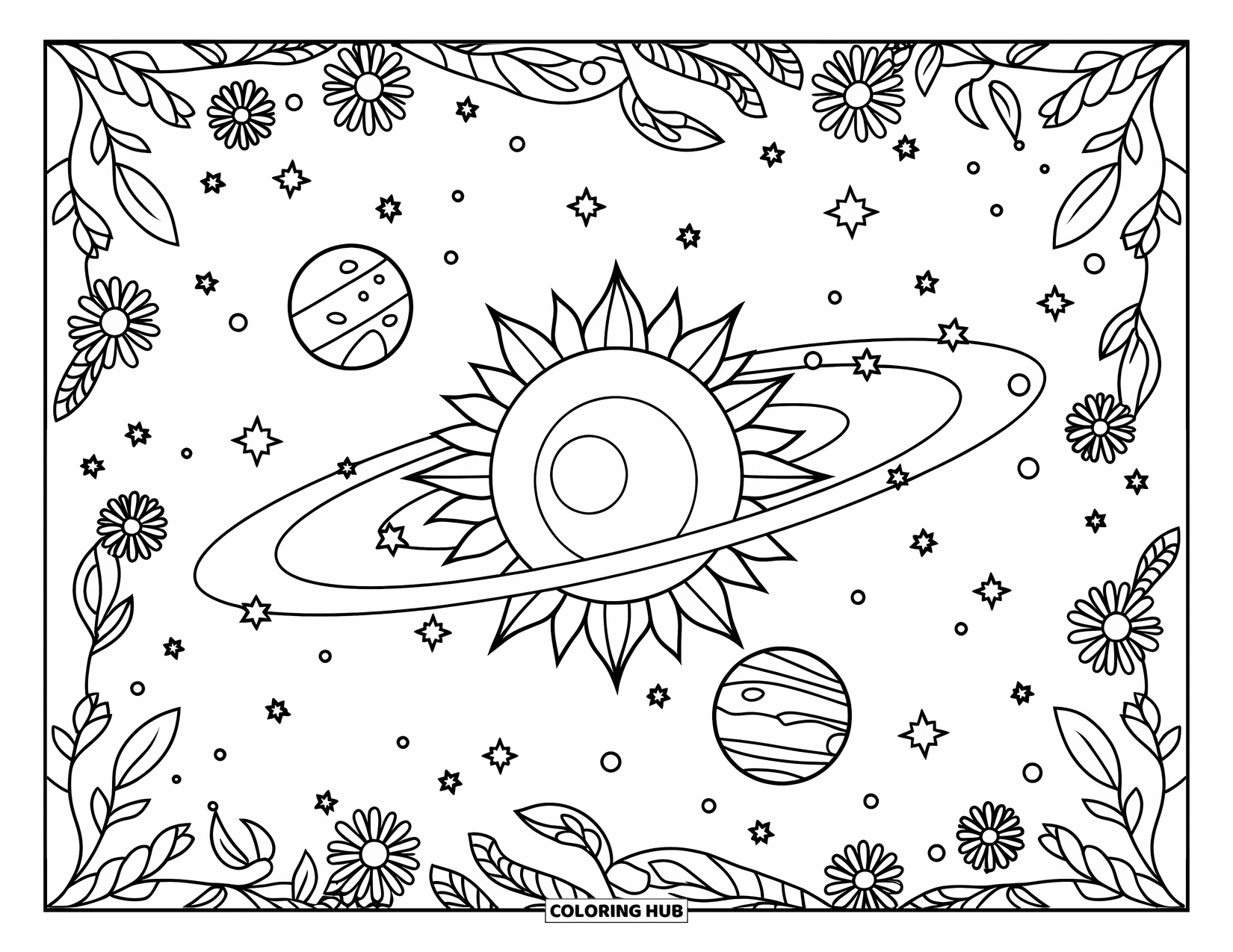 Galaxy Space Coloring Page for Adults: A stylized sun with orbiting planets is circled by bold flowers and vines