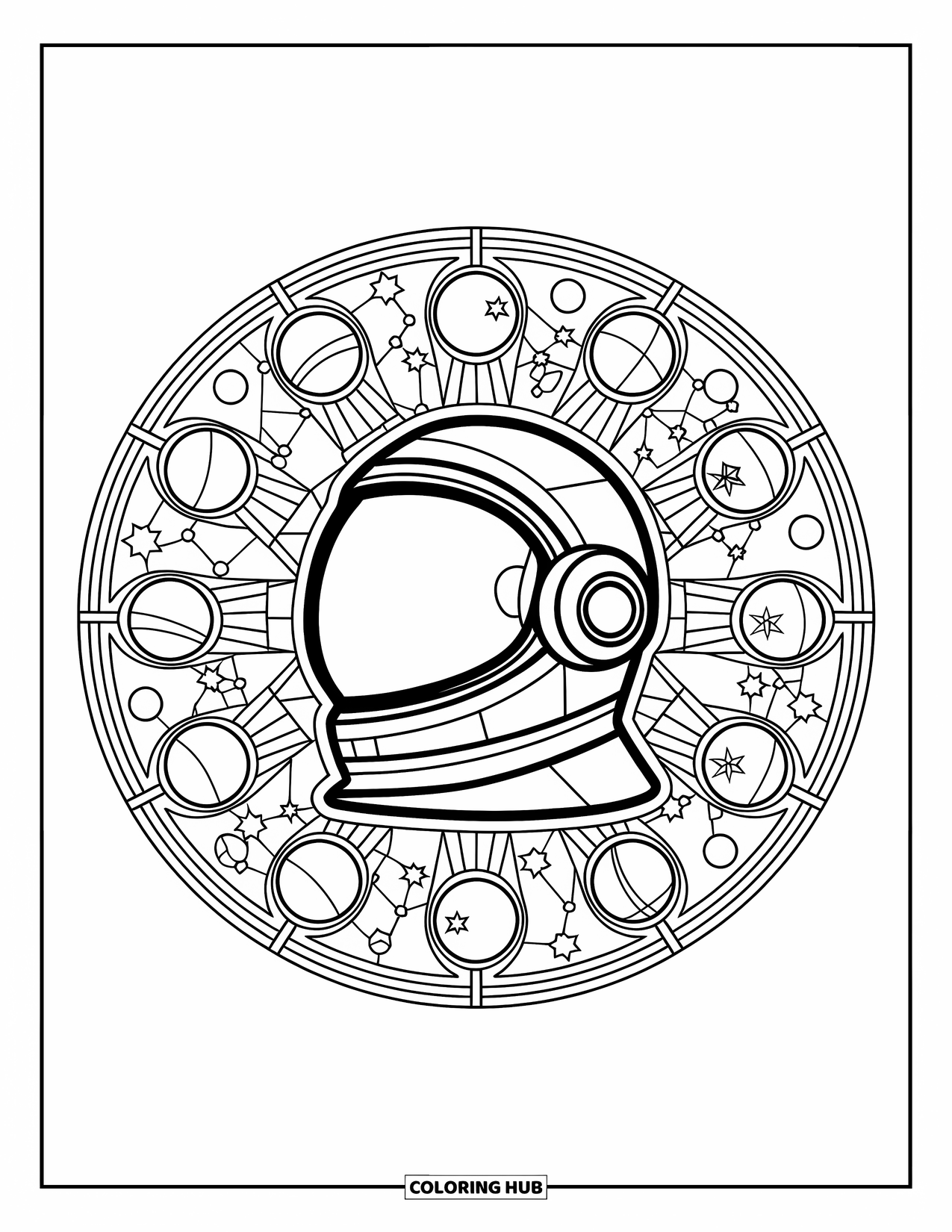 Galaxy Space Coloring Page for Adults: An astronaut helmet with constellations forms a mandala-like design