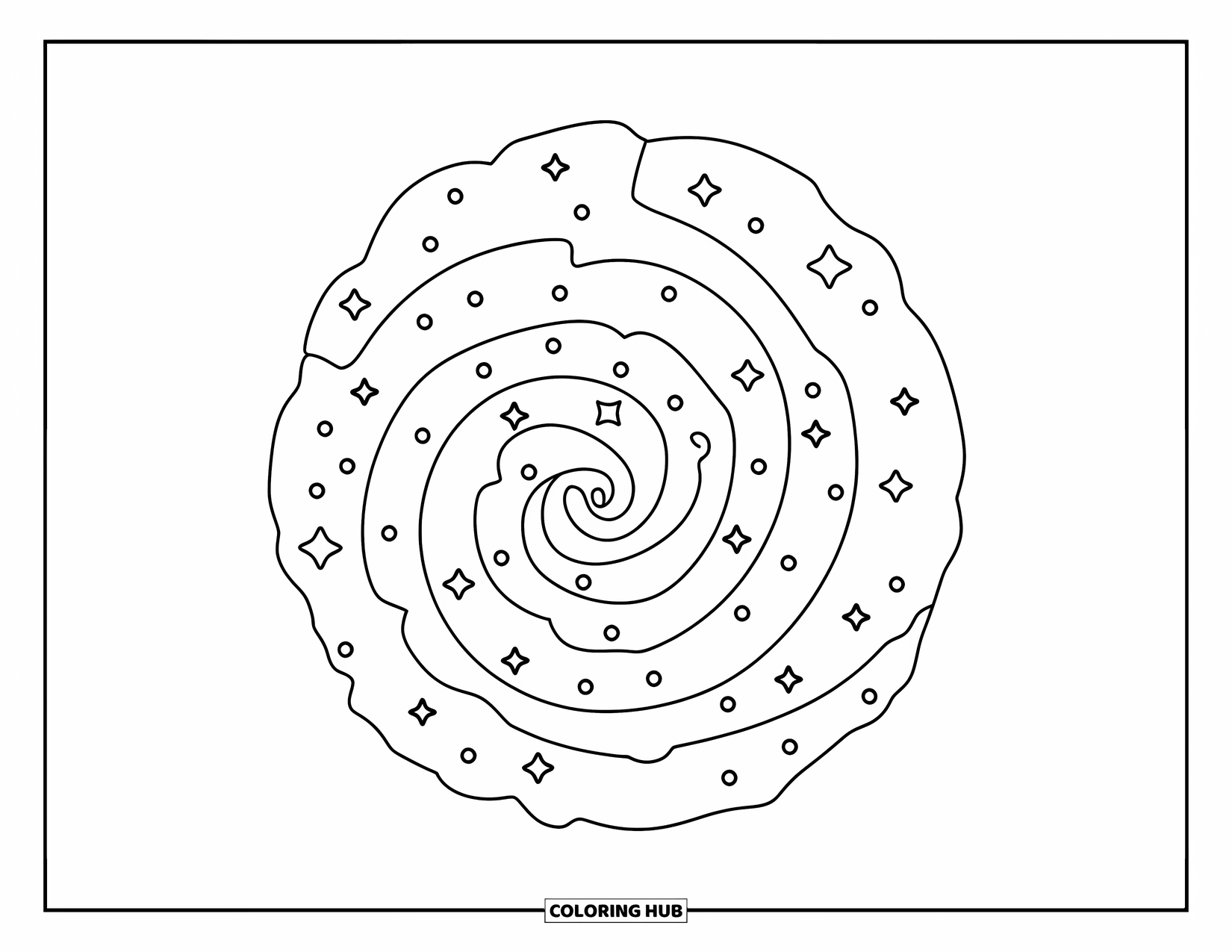 Galaxy Space Coloring Page for Kids: A playful spiral galaxy with five arms spins with stars