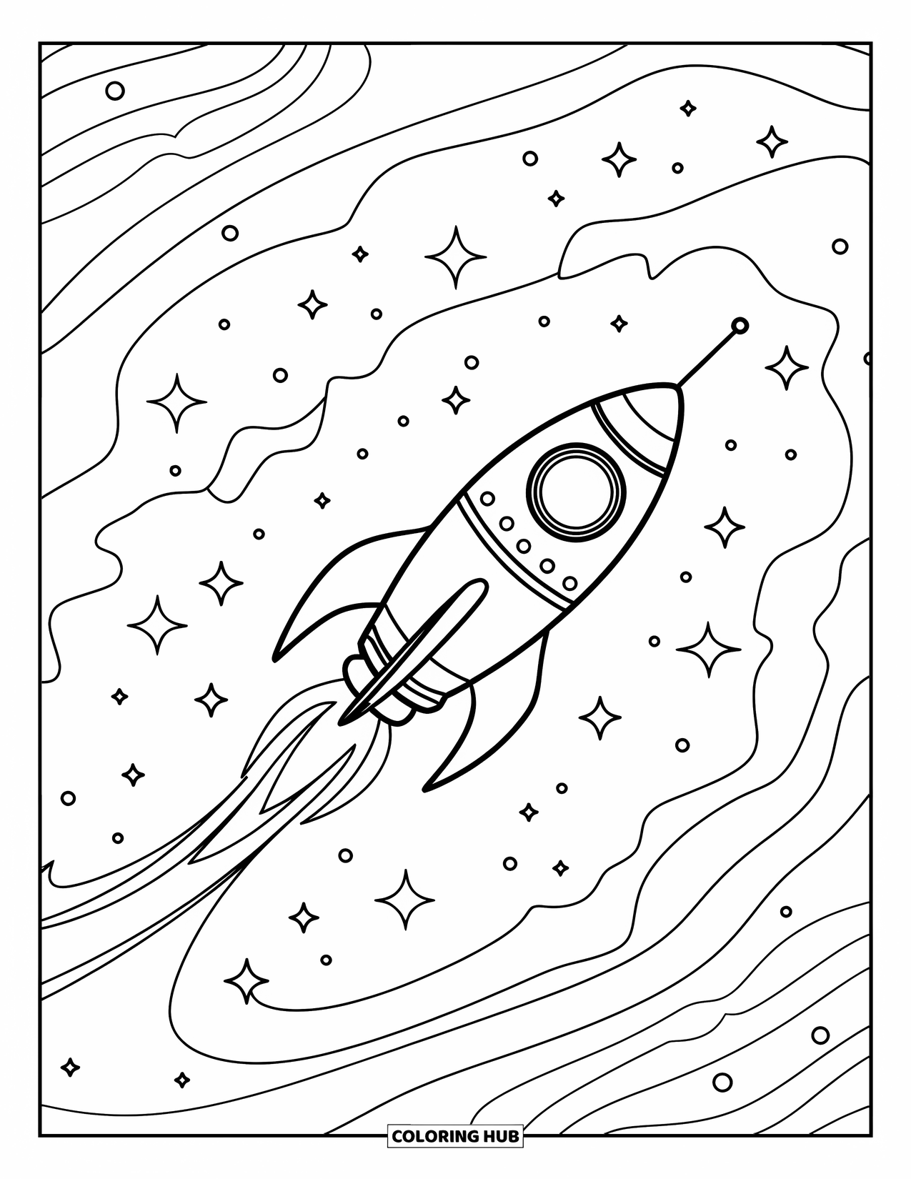 Galaxy Space Coloring Page for Kids: A retro rocket curves through stars and nebulas