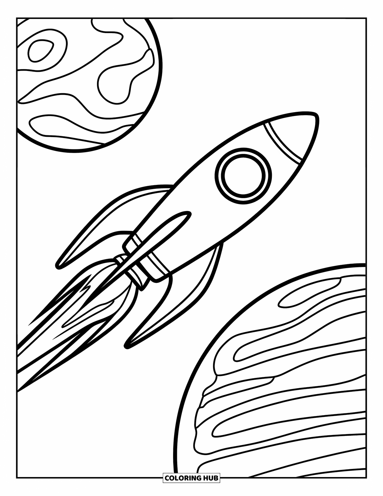 Galaxy Space Coloring Page for Kids: A rocket flies past two planets leaving a smoky trail