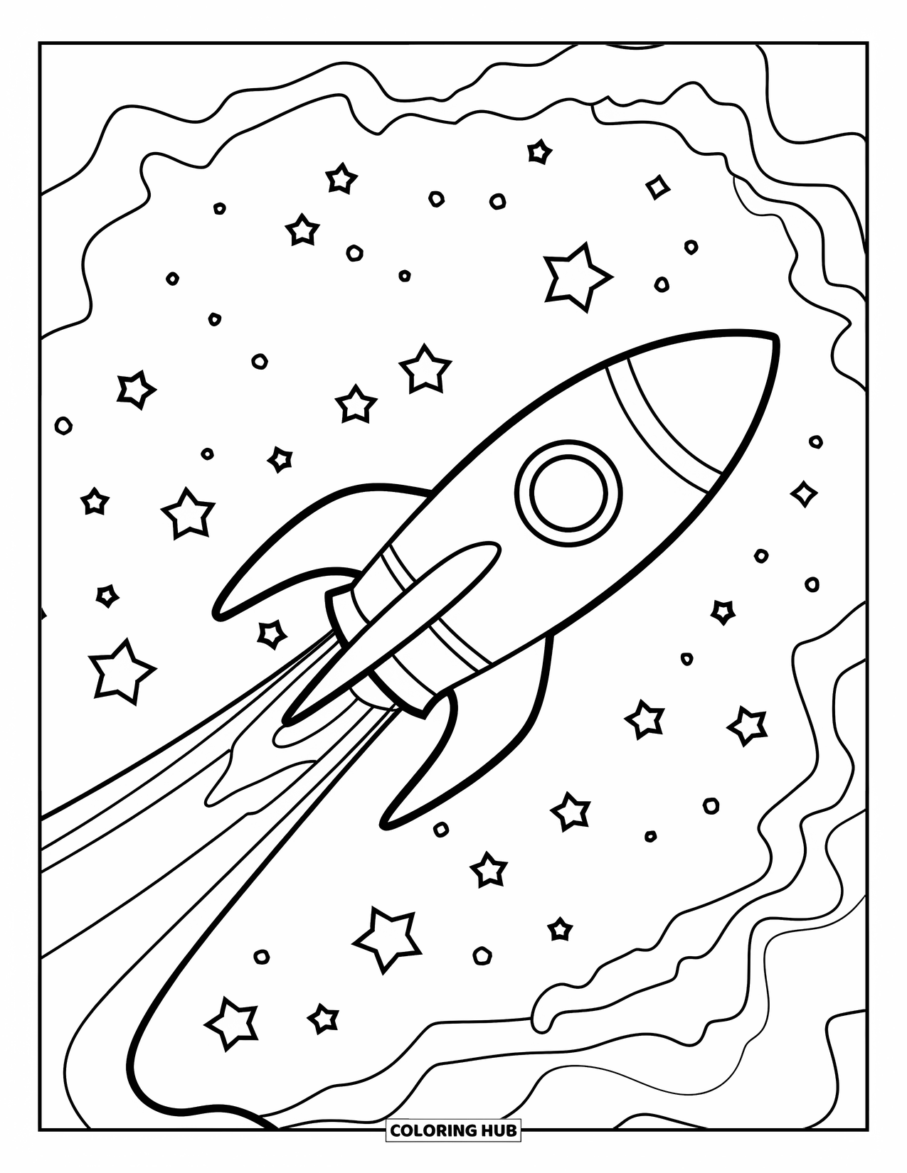 Galaxy Space Coloring Page for Kids: A rocket flies through stars and nebulas with a glowing trail