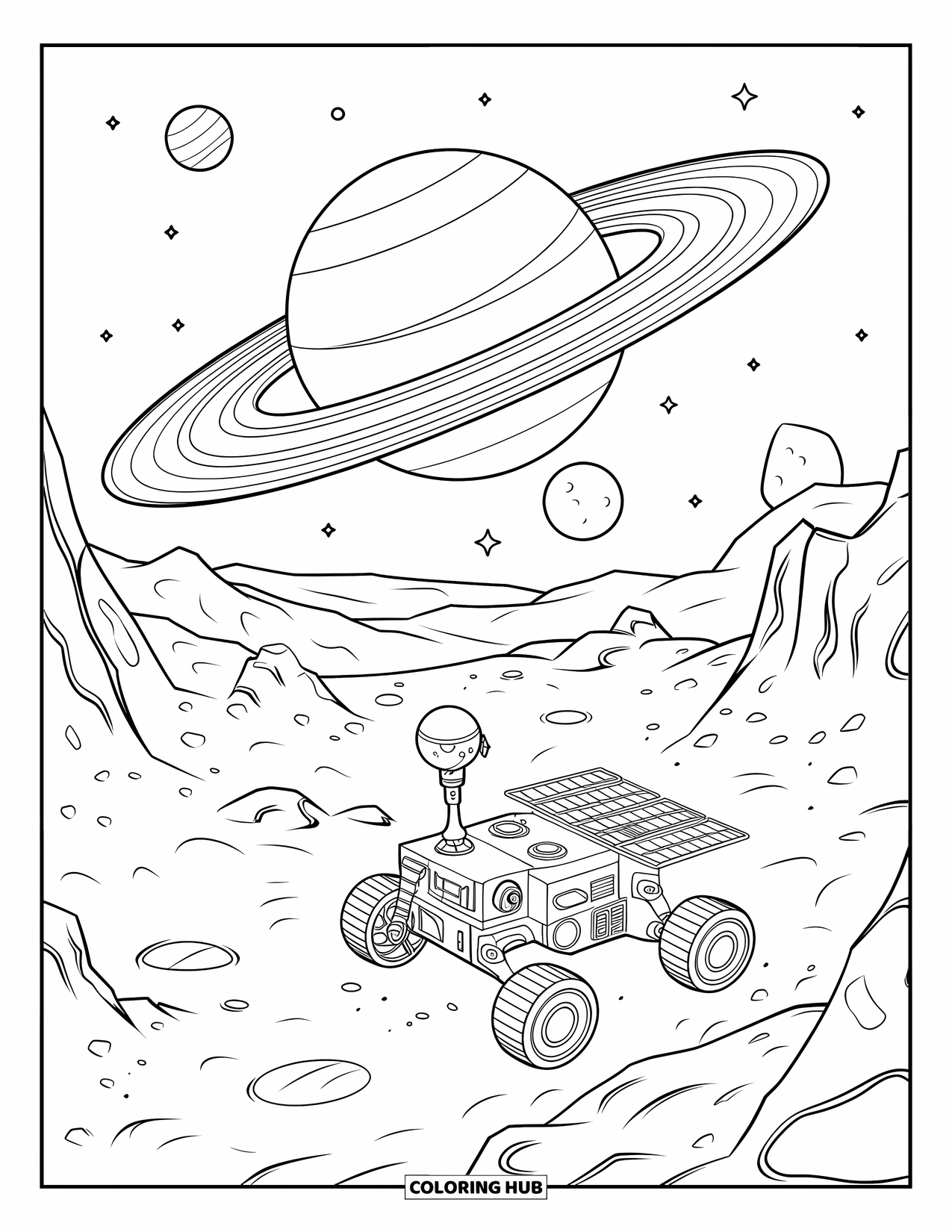 Galaxy Space Coloring Page for Kids: A rover with solar panels explores beneath Saturn's rings