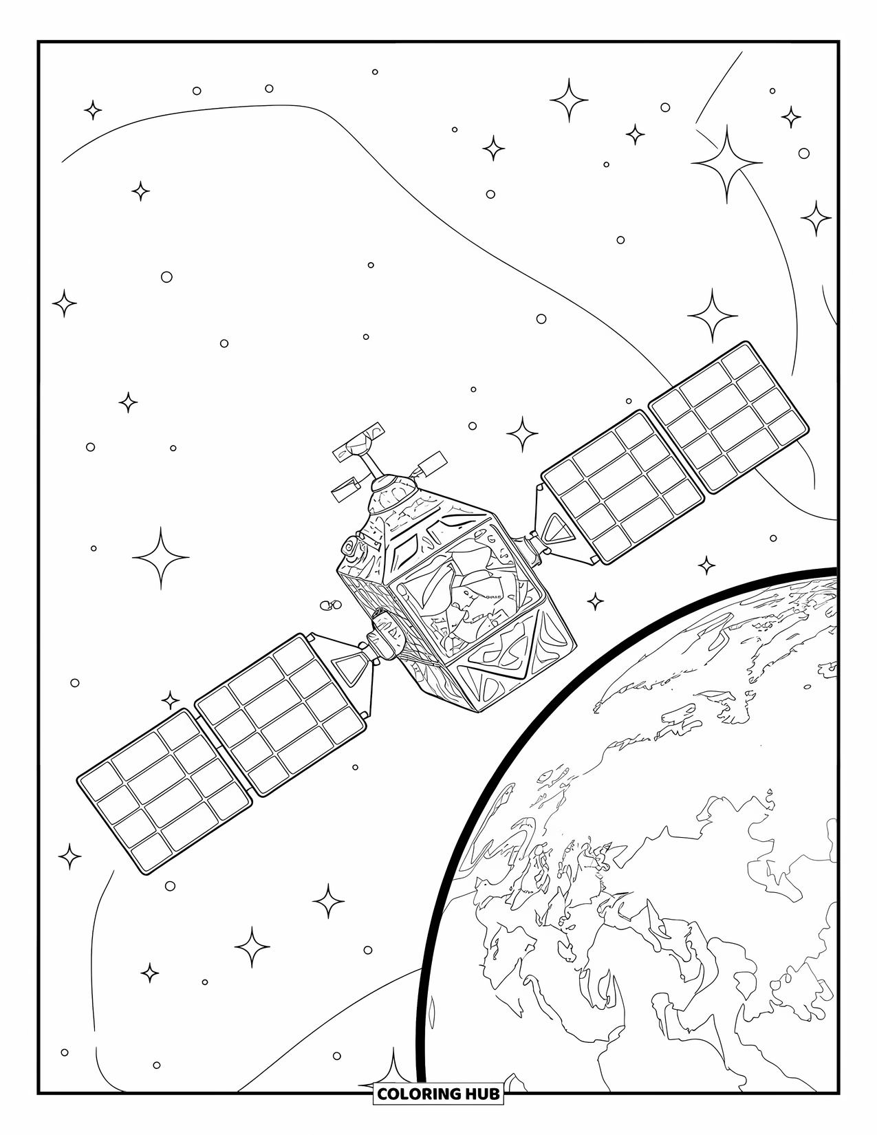 Galaxy Space Coloring Page for Kids: A satellite orbits Earth with faint continents and nearby debris