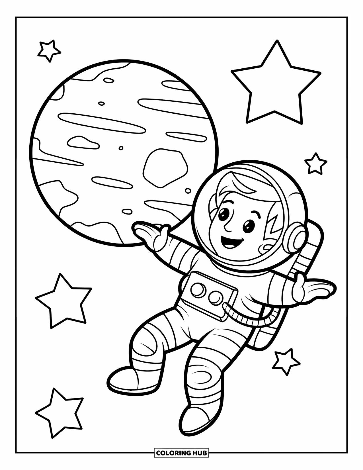 Galaxy Space Coloring Page for Kids: A smiling astronaut floats near a planet with arms outstretched