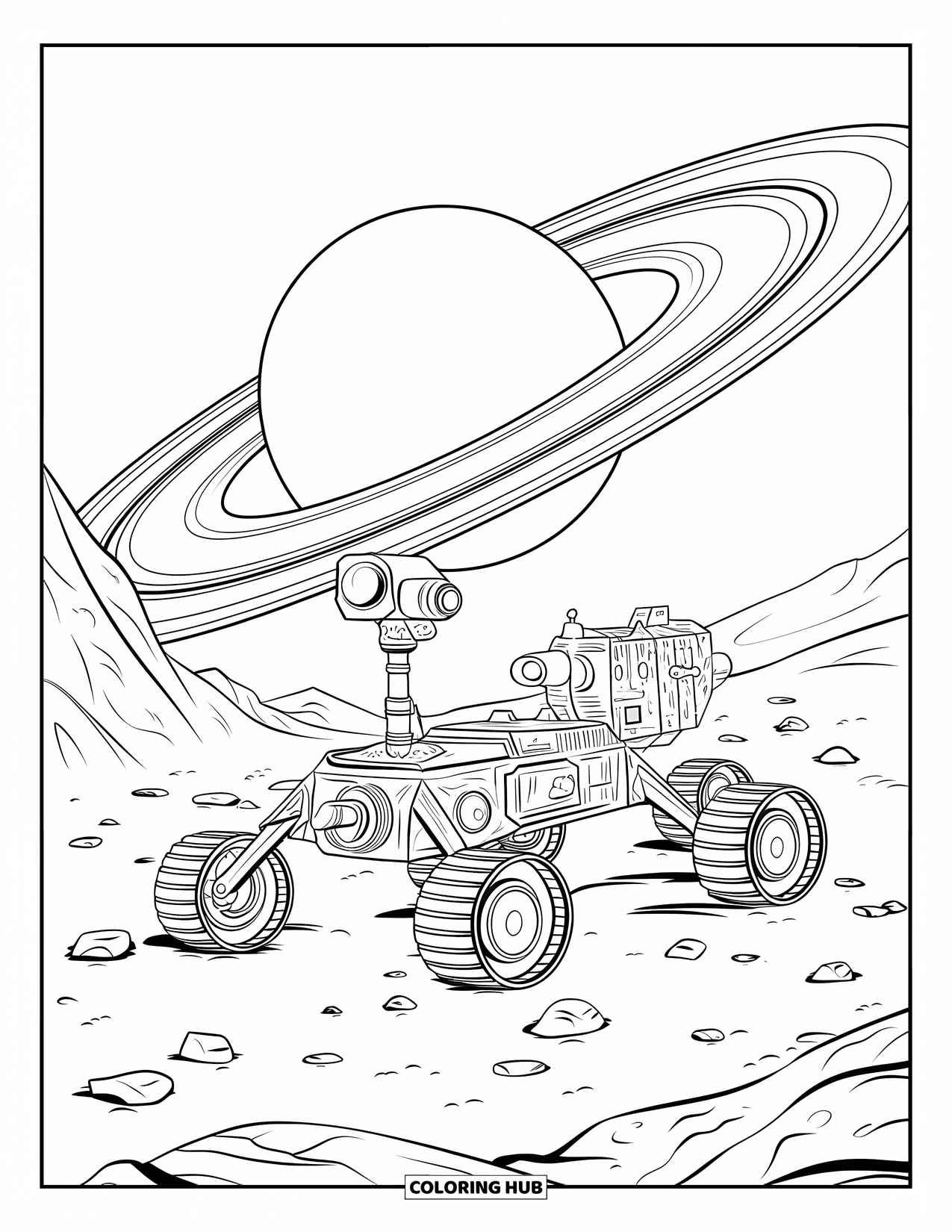 Galaxy Space Coloring Page for Kids: A space rover explores rocky ground beneath Saturn's rings