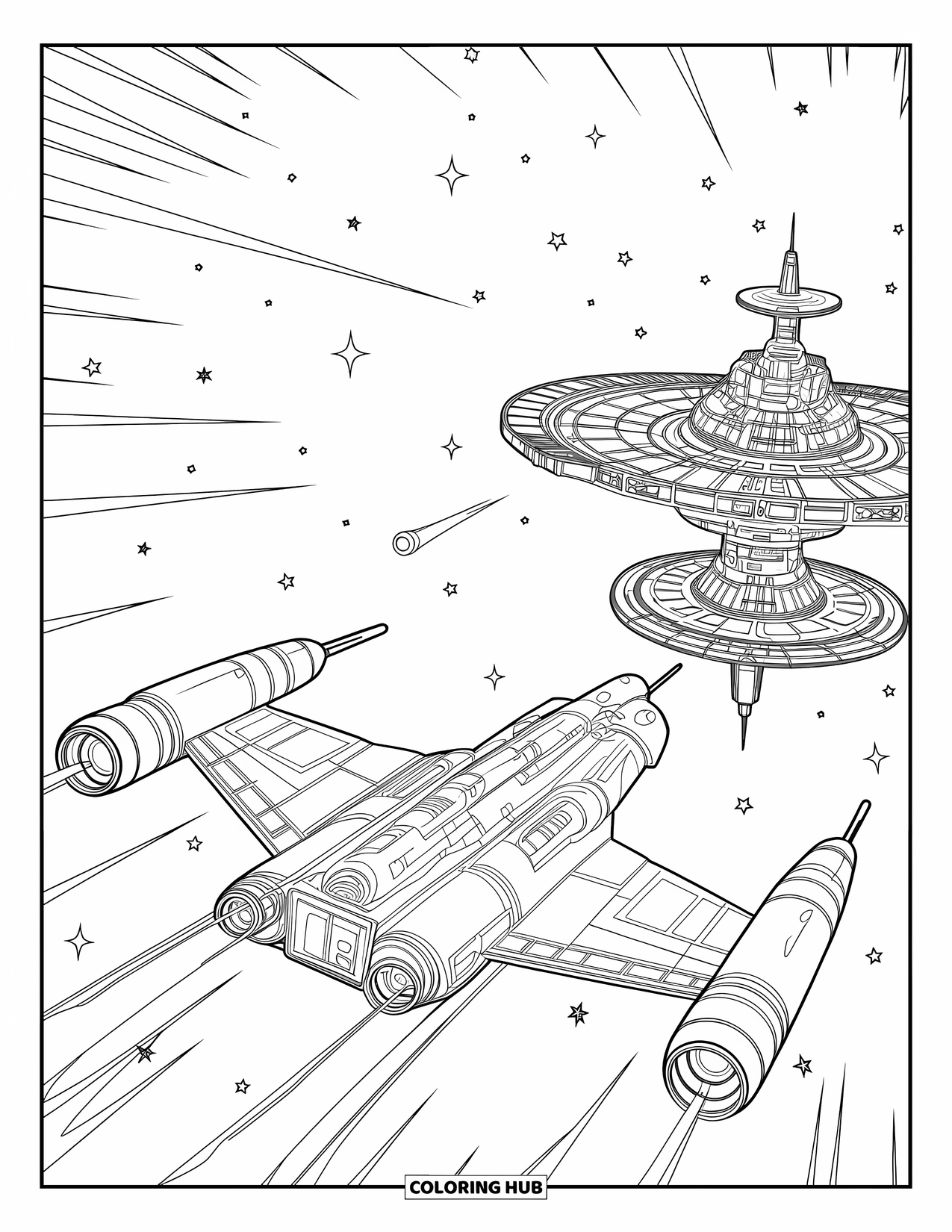 Galaxy Space Coloring Page for Kids: A spaceship approaches a starry station surrounded by comets