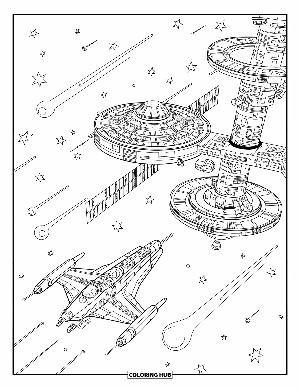Galaxy Space Coloring Page for Kids: A spaceship approaches a vast station among stars and comets