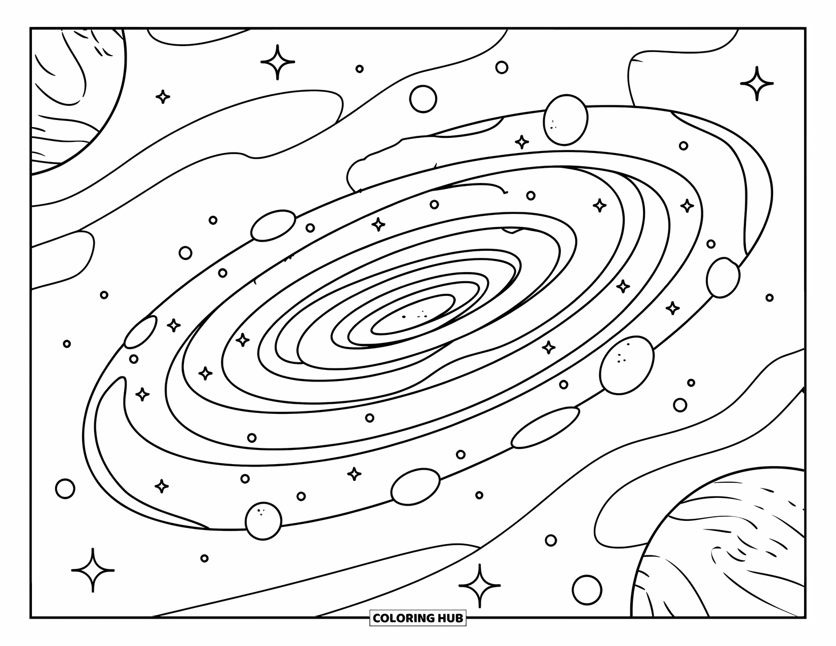 Galaxy Space Coloring Page for Kids: A spiral galaxy swirls with stars and smaller galaxies nearby