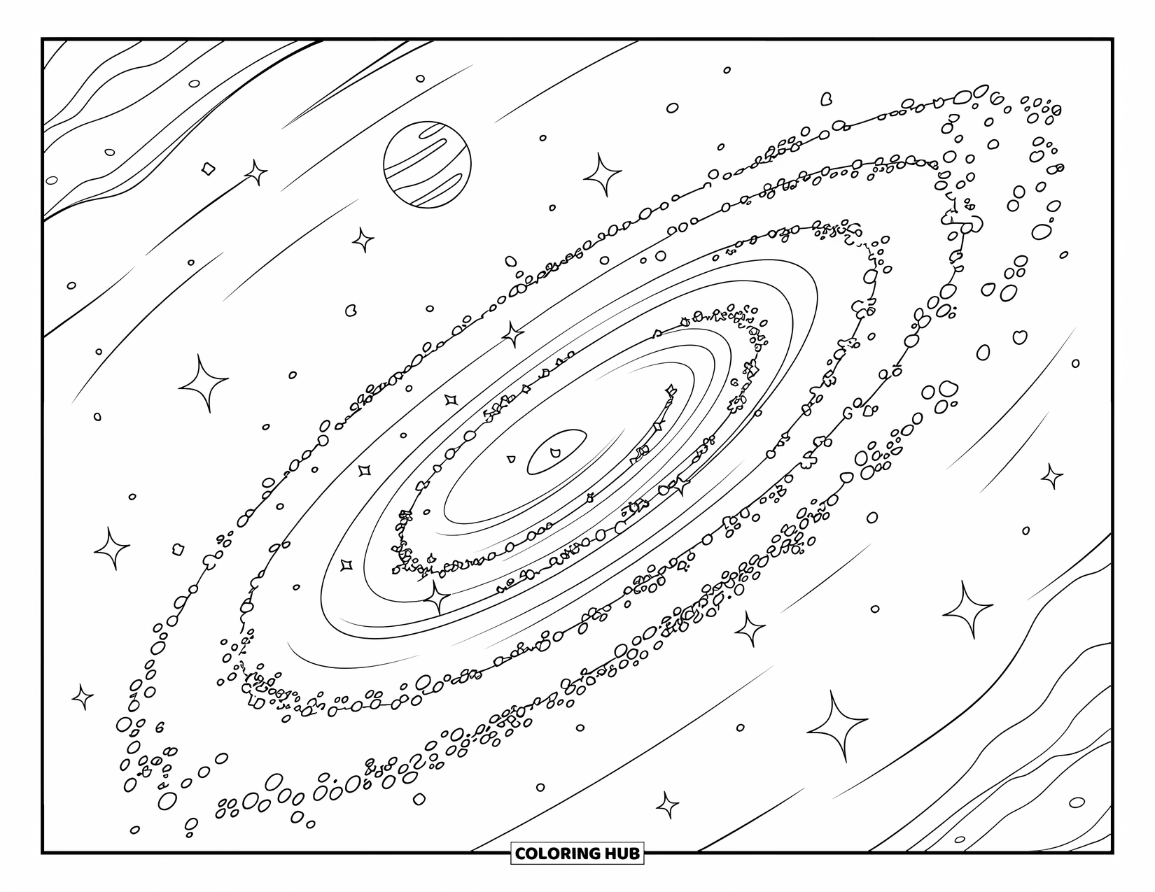 Galaxy Space Coloring Page for Kids: A spiral galaxy swirls with stars and two distant orbiting planets