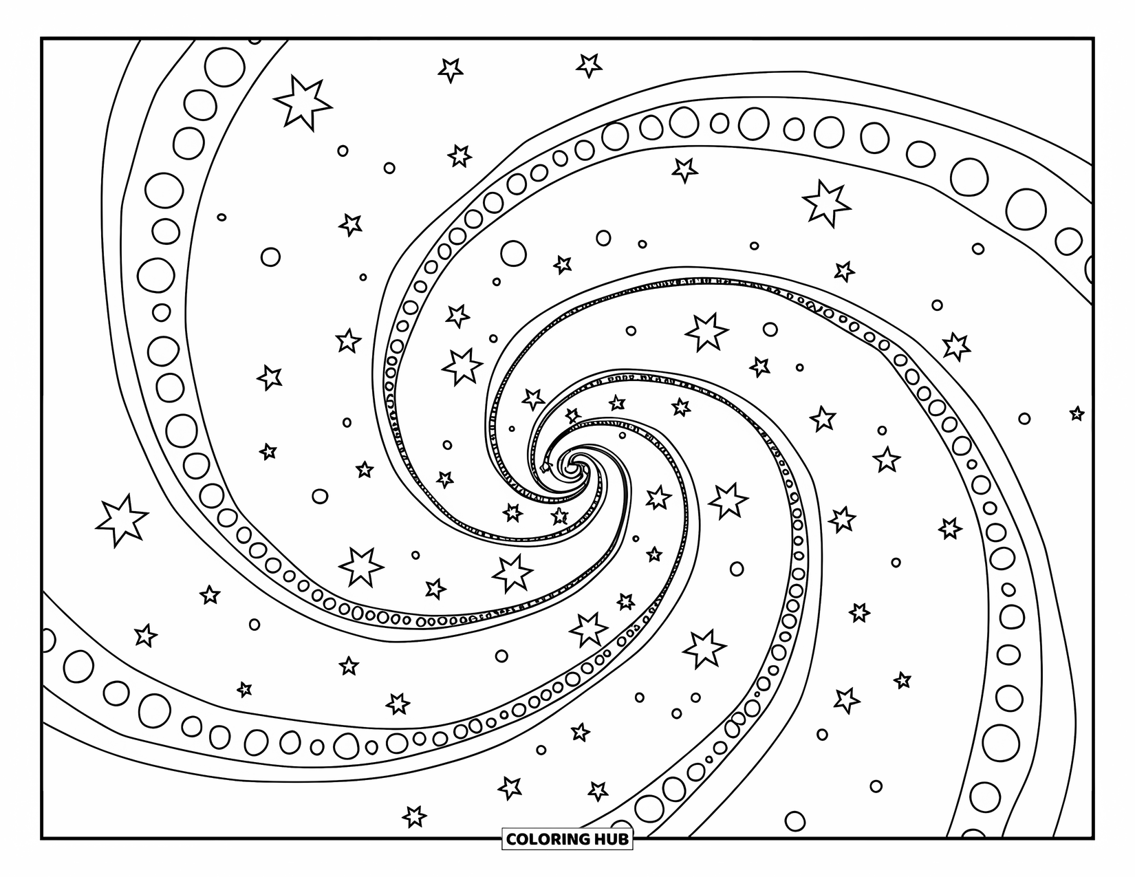 Galaxy Space Coloring Page for Kids: A spiral galaxy with five arms glows with scattered stars