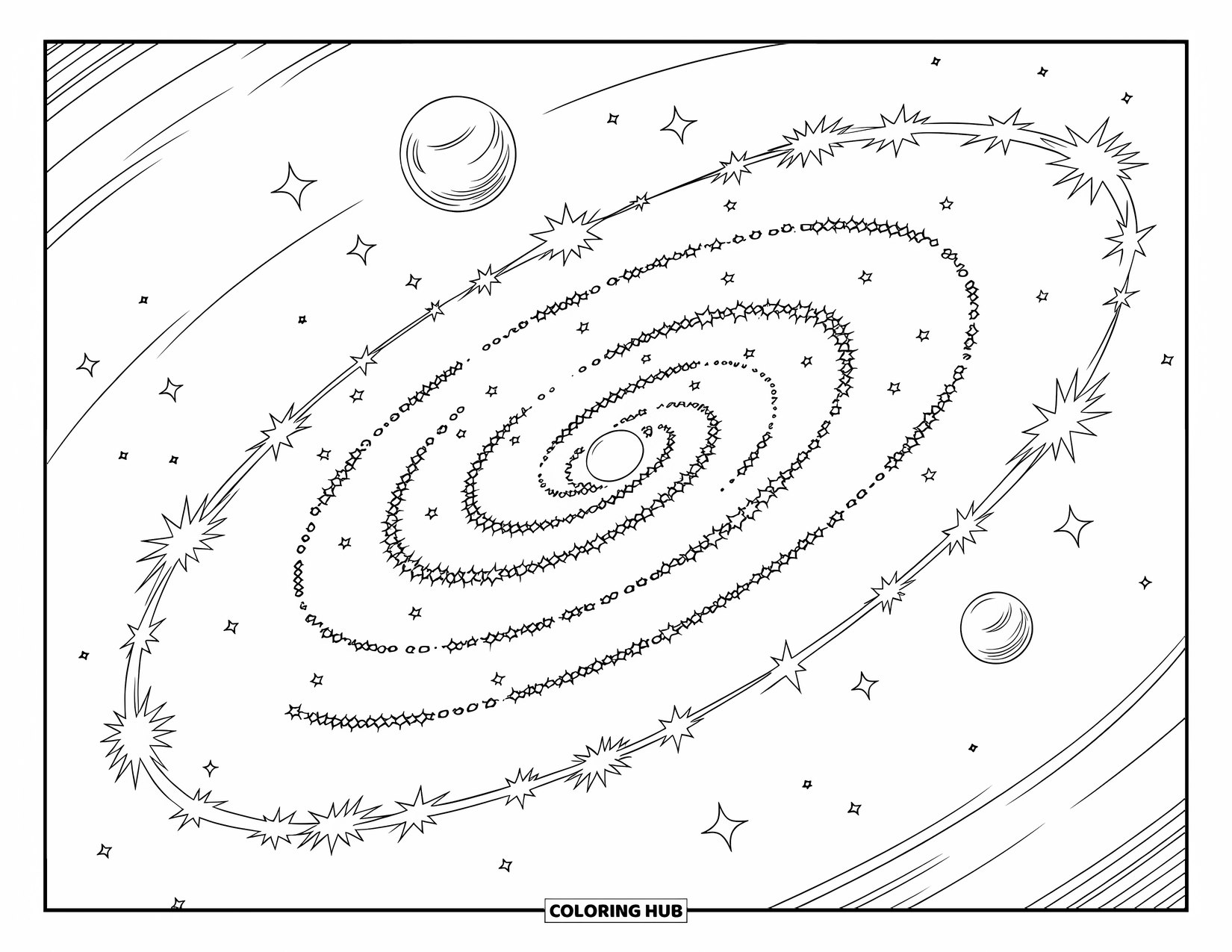 Galaxy Space Coloring Page for Kids: A spiral galaxy with stars spins while two planets circle nearby