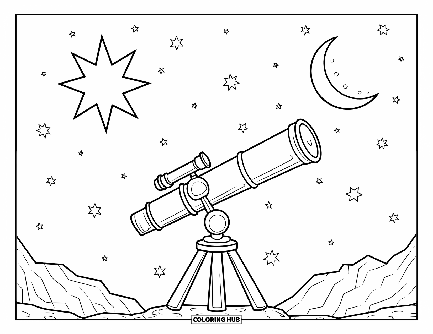Galaxy Space Coloring Page for Kids: A telescope on rocks points toward a star and moon