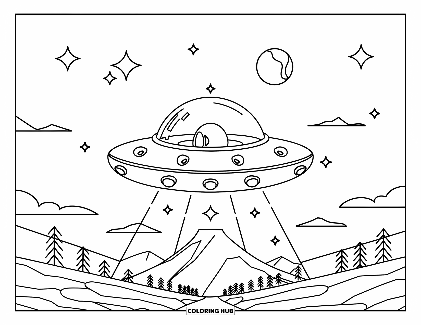 Galaxy Space Coloring Page for Kids: A UFO hovers above a mountain with stars and a moon