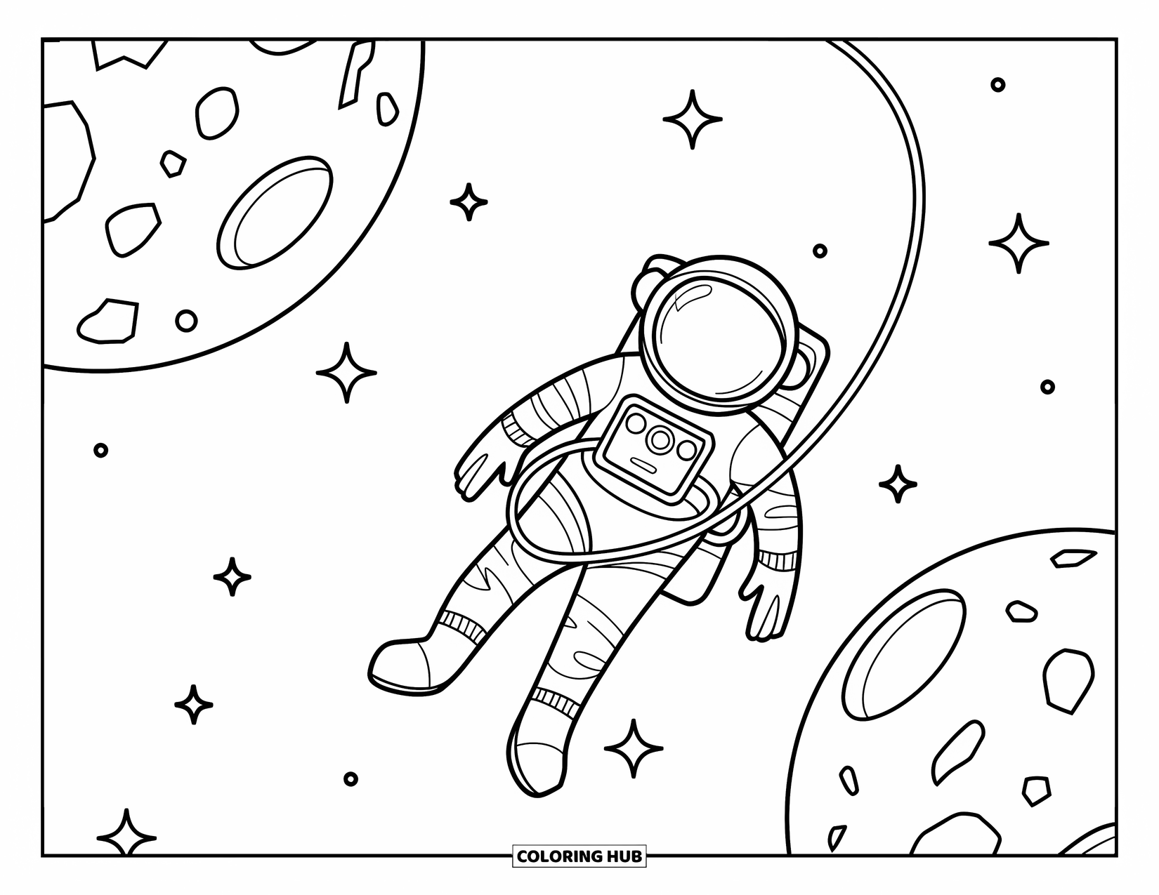 Galaxy Space Coloring Page for Kids: An astronaut drifts between two planets connected by a rope