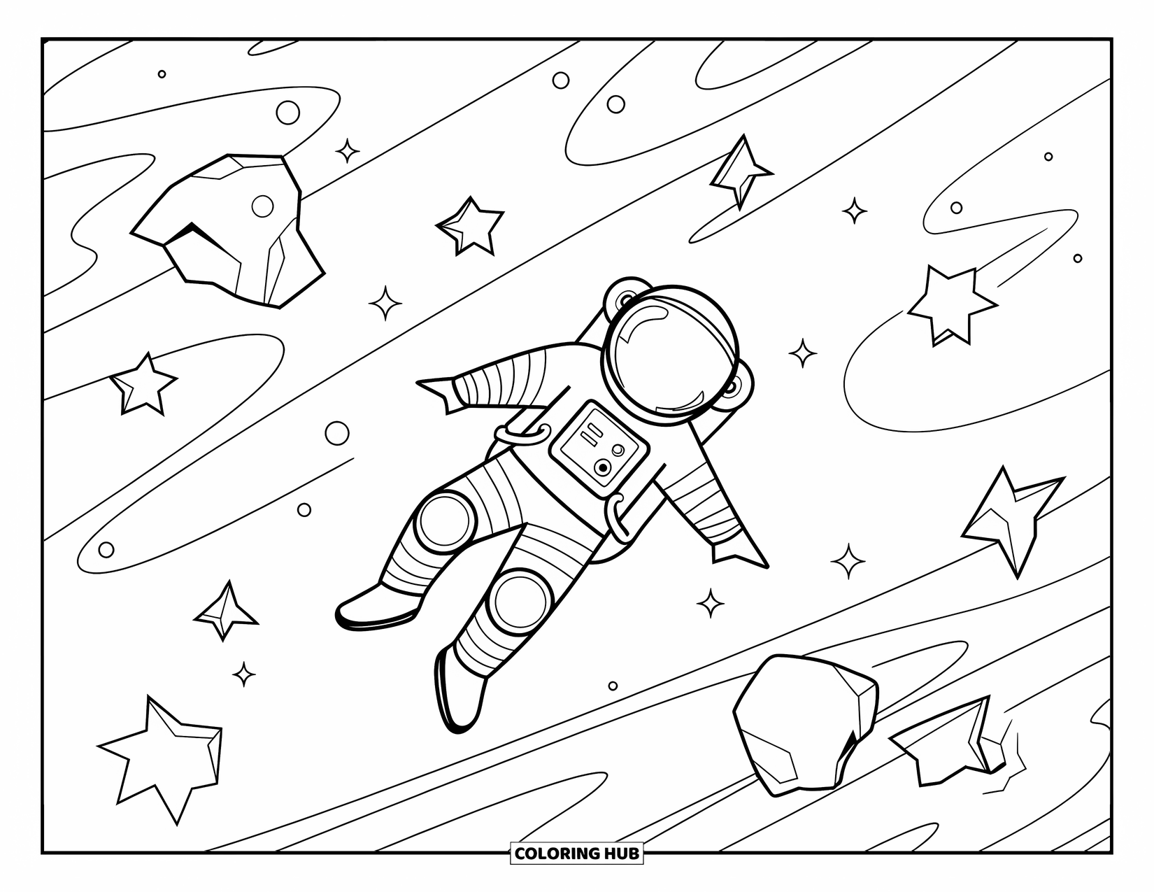 Galaxy Space Coloring Page for Kids: An astronaut floats in space with debris, stars, and swirling galaxies