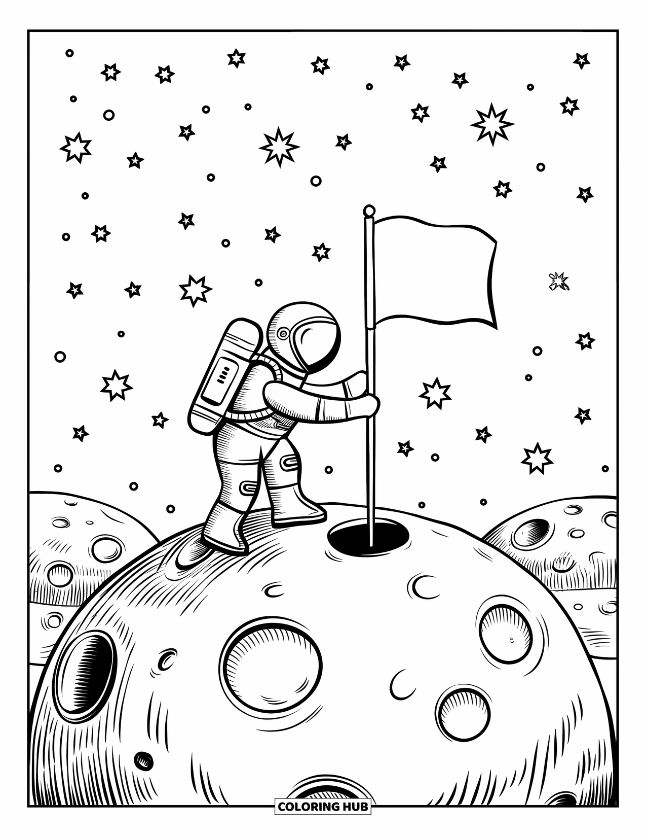 Galaxy Space Coloring Page for Kids: An astronaut plants a flag on a cratered moon