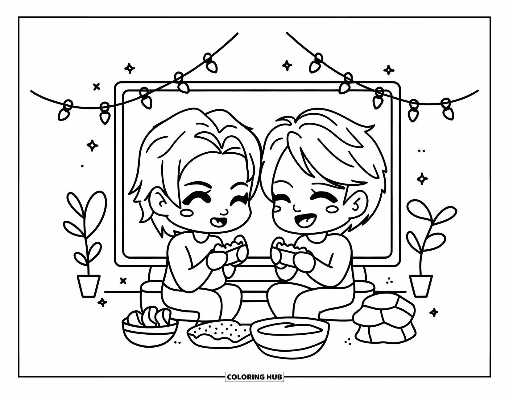 Gamer Coloring Page for Adults: A chibi gamer couple playing together while sharing snacks under fairy lights