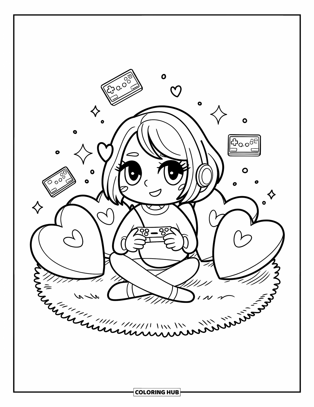 Gamer Coloring Page for Adults: A chibi gamer sitting on a rug holding a controller with heart pillows