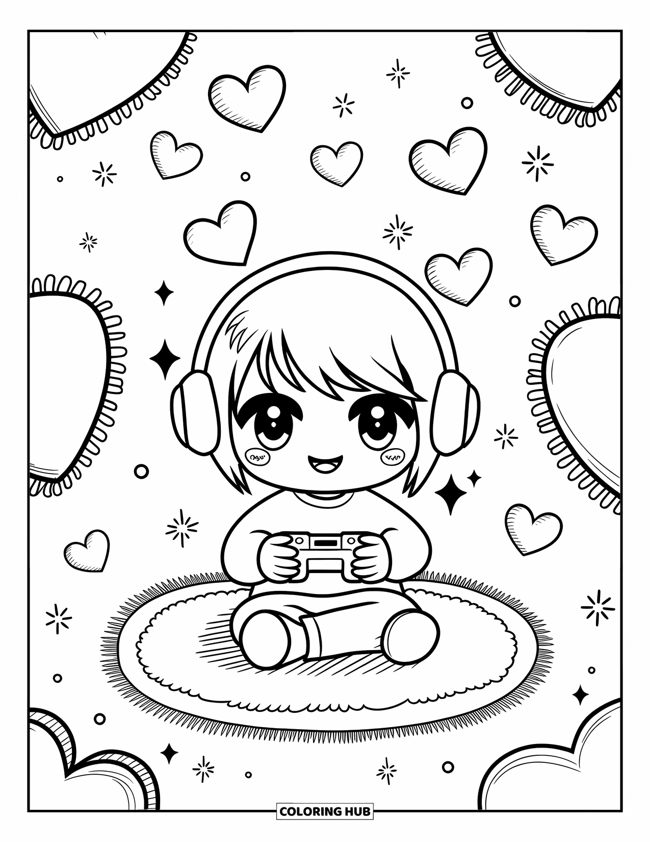Gamer Coloring Page for Adults: A chibi gamer surrounded by pillows, icons, and sparkles while holding a controller