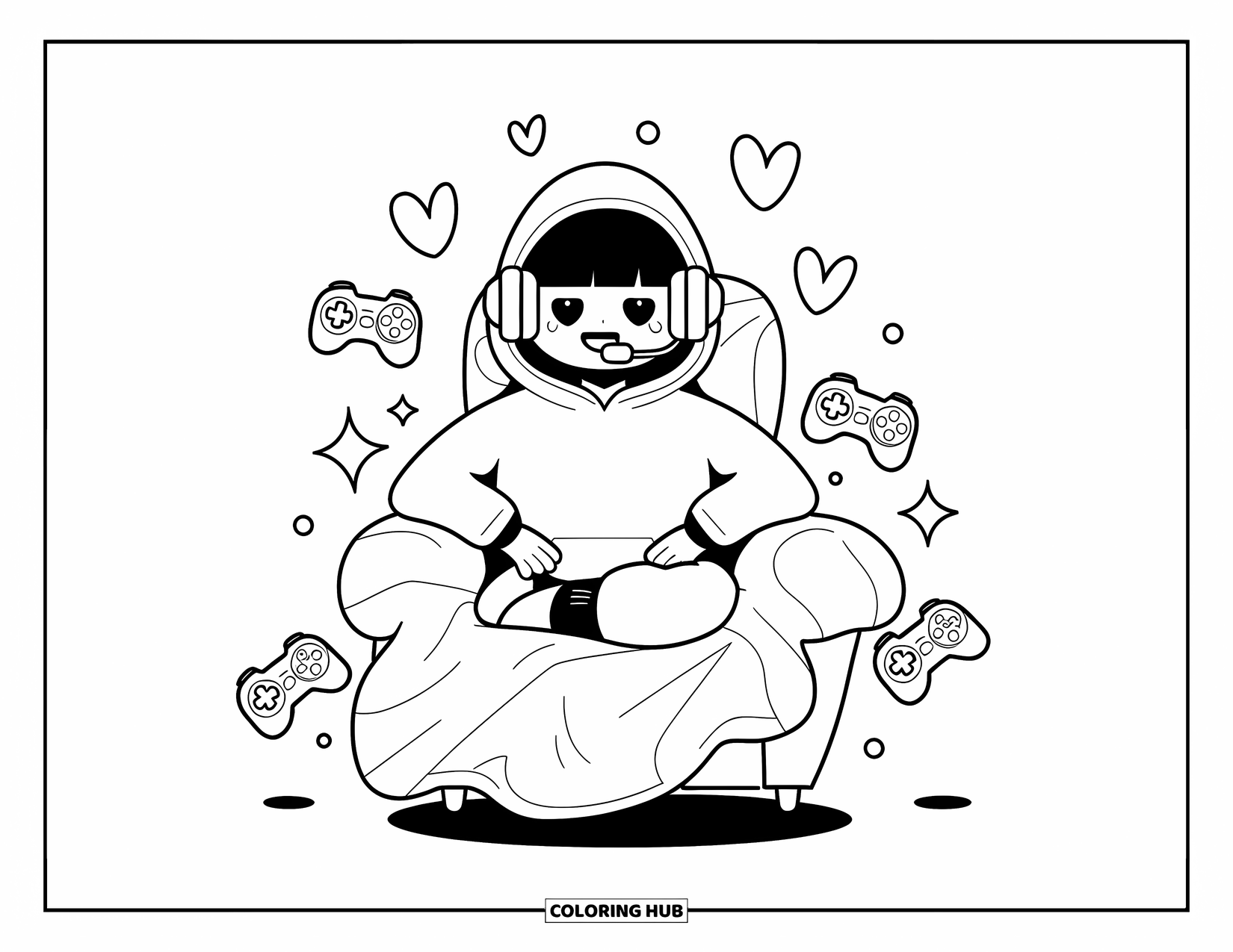 Gamer Coloring Page for Adults: A cozy gamer in a hoodie surrounded by controllers and floating hearts
