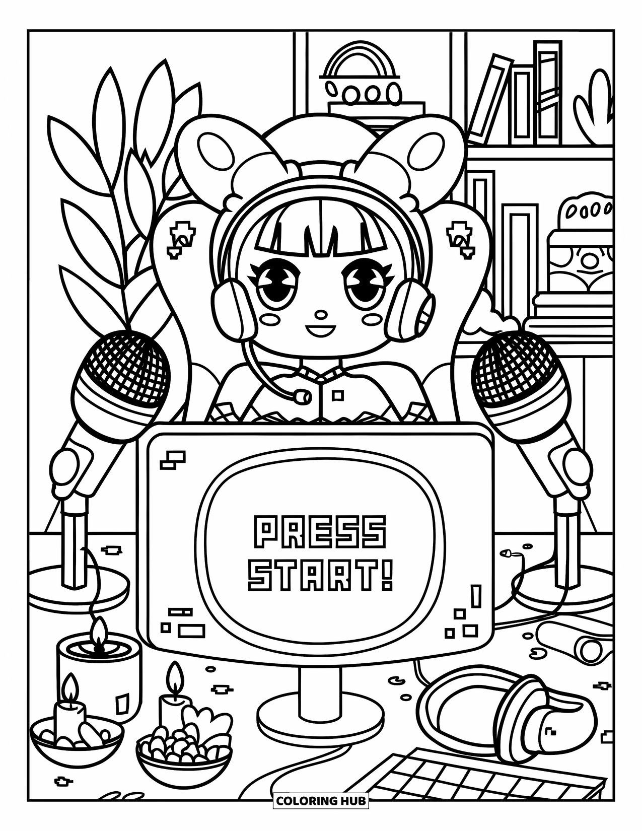 Gamer Coloring Page for Adults: A game streamer at a desk with microphones, snacks, and a "Press Start" screen