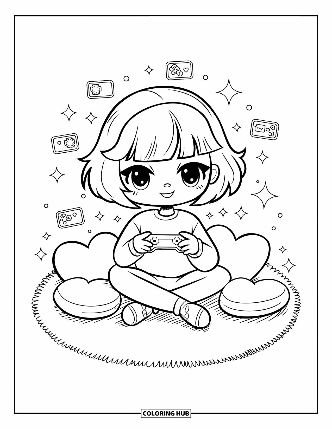 Gamer Coloring Page for Adults: A gamer on a rug holding a controller with pillows and tiny game icons