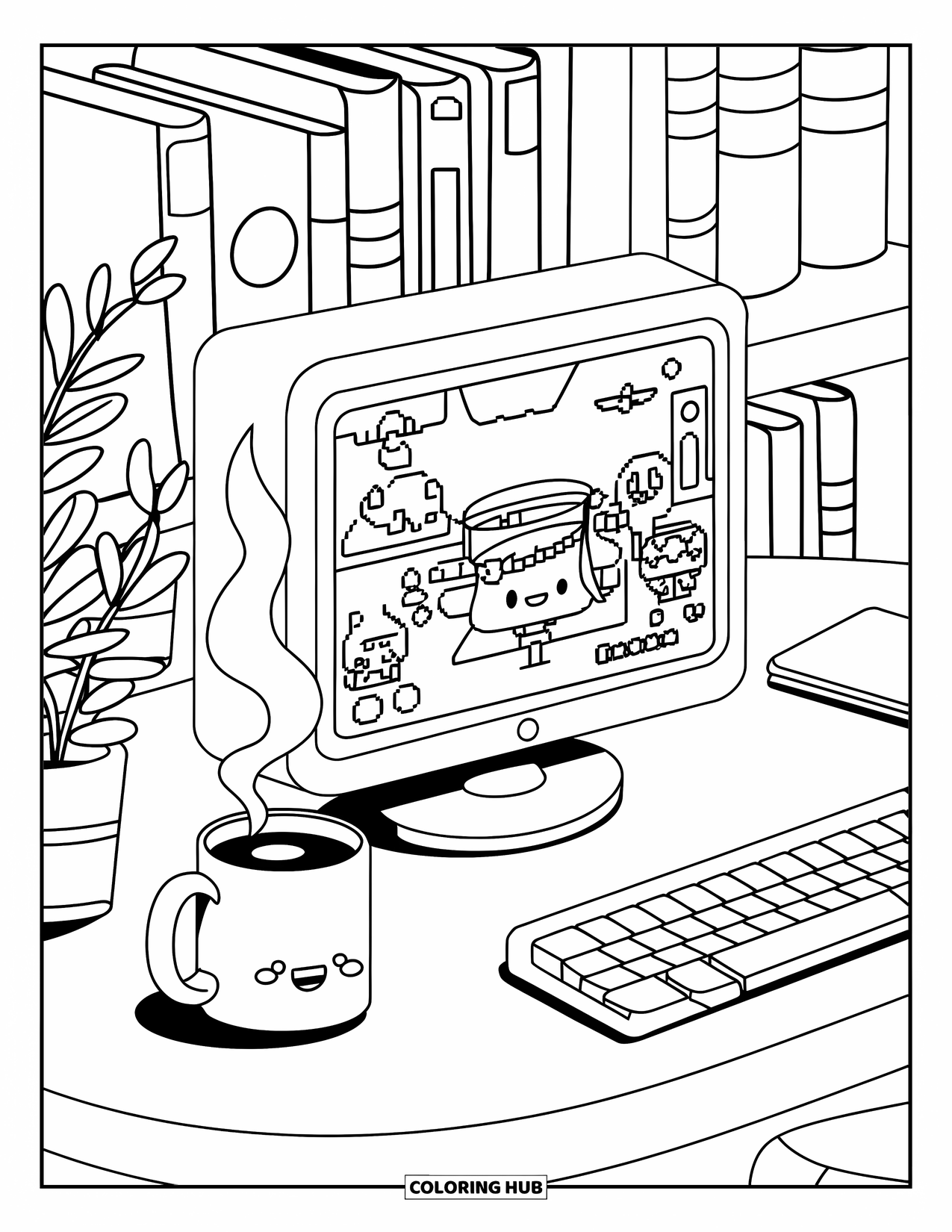 Gamer Coloring Page for Adults: A gaming nook with a monitor, cocoa, bookshelf, and plant