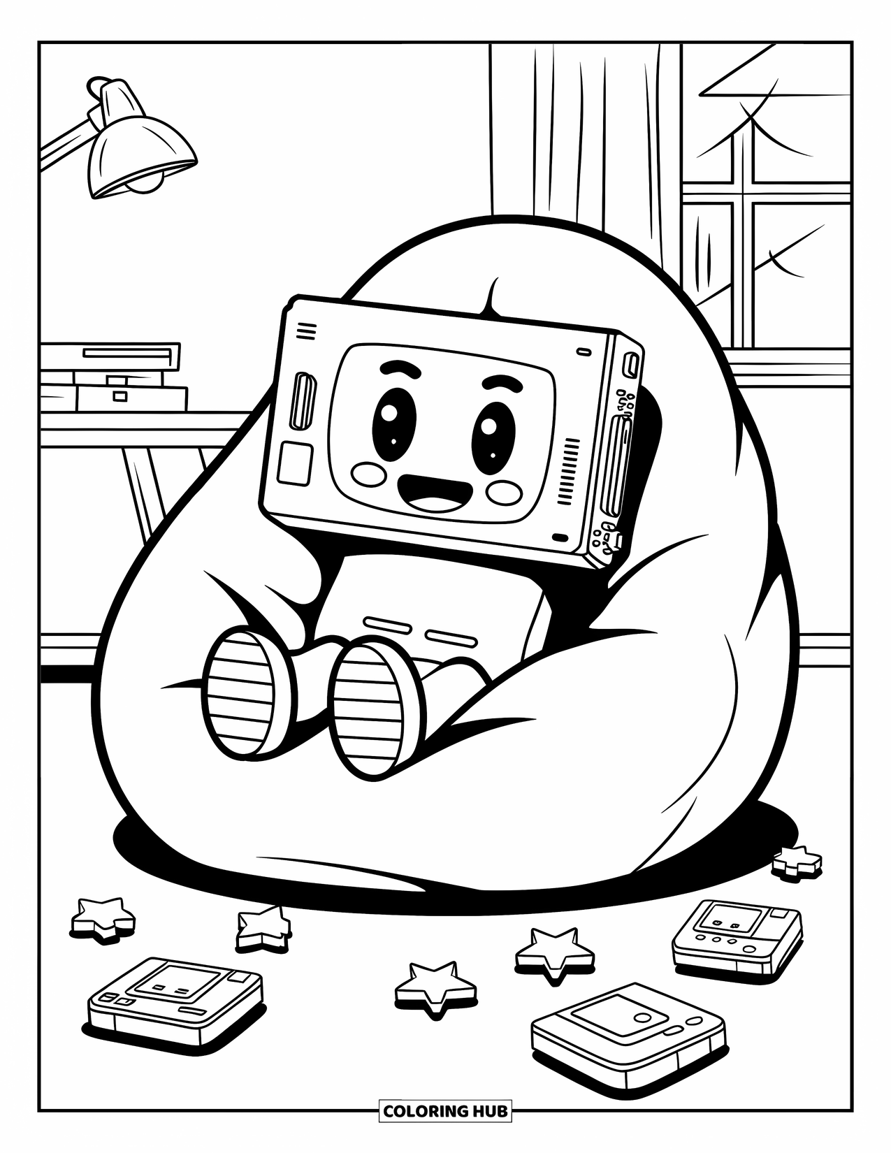 Gamer Coloring Page for Adults: A joyful console character on a bean bag with stars and game cartridges