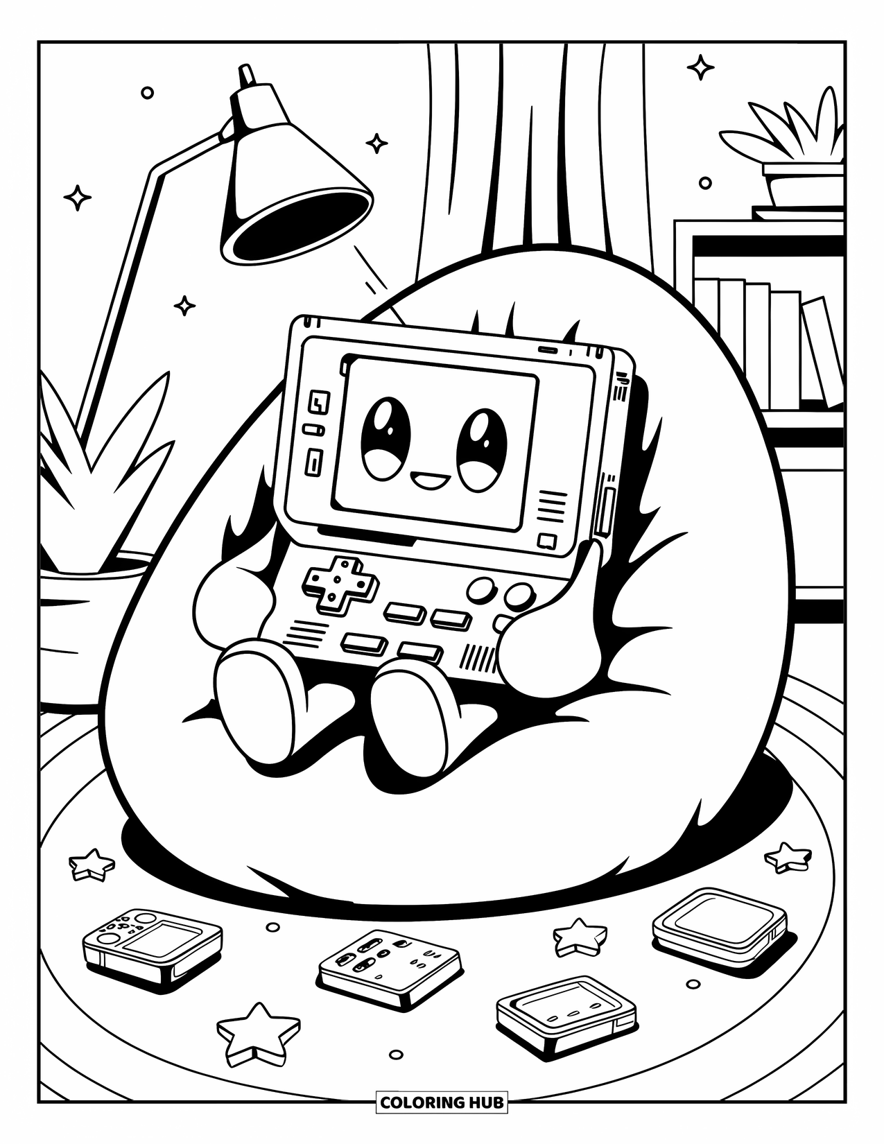 Gamer Coloring Page for Adults: A kawaii handheld console character sitting on a bean bag with cartridges and stars