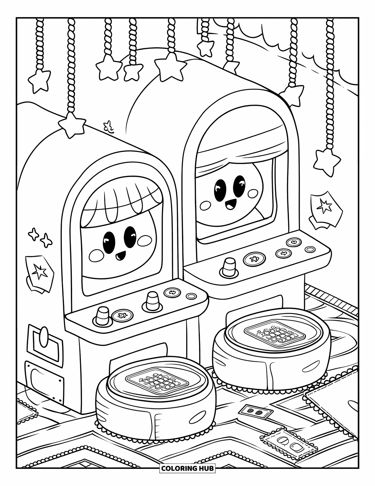 Gamer Coloring Page for Adults: A small arcade corner with cheerful machines, tickets, mats, and stars