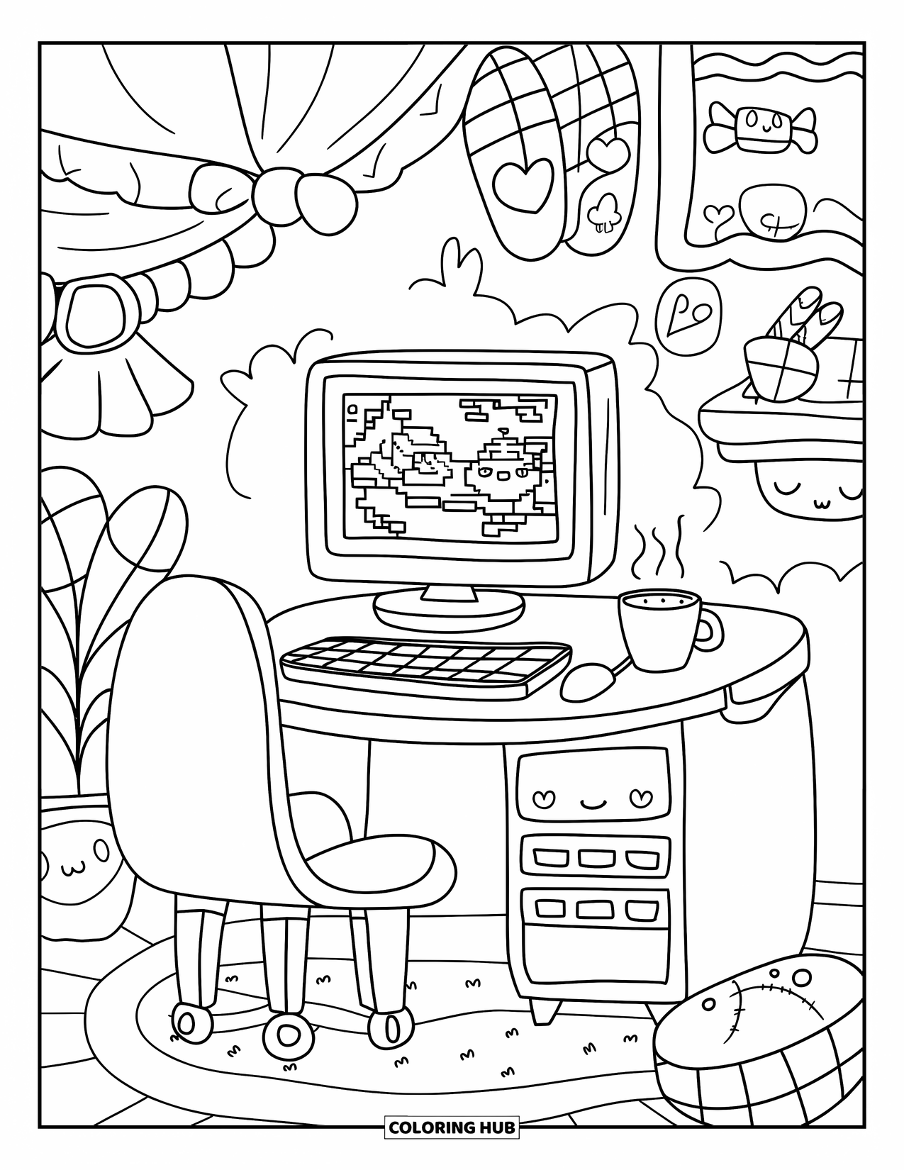 Gamer Coloring Page for Adults: A small gaming nook with a cute monitor, cocoa, and playful details