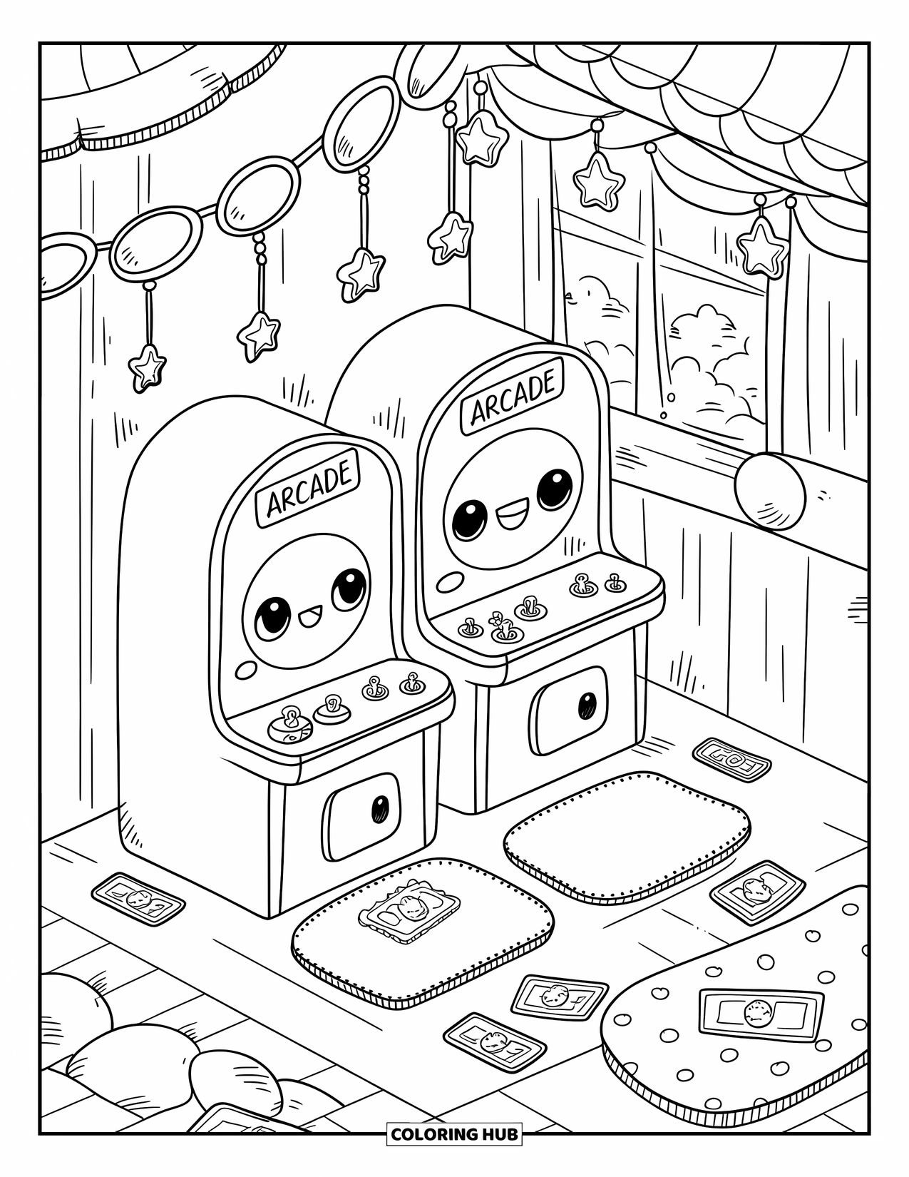 Gamer Coloring Page for Adults: An arcade corner with cheerful machines, tickets, mats, and dangling stars