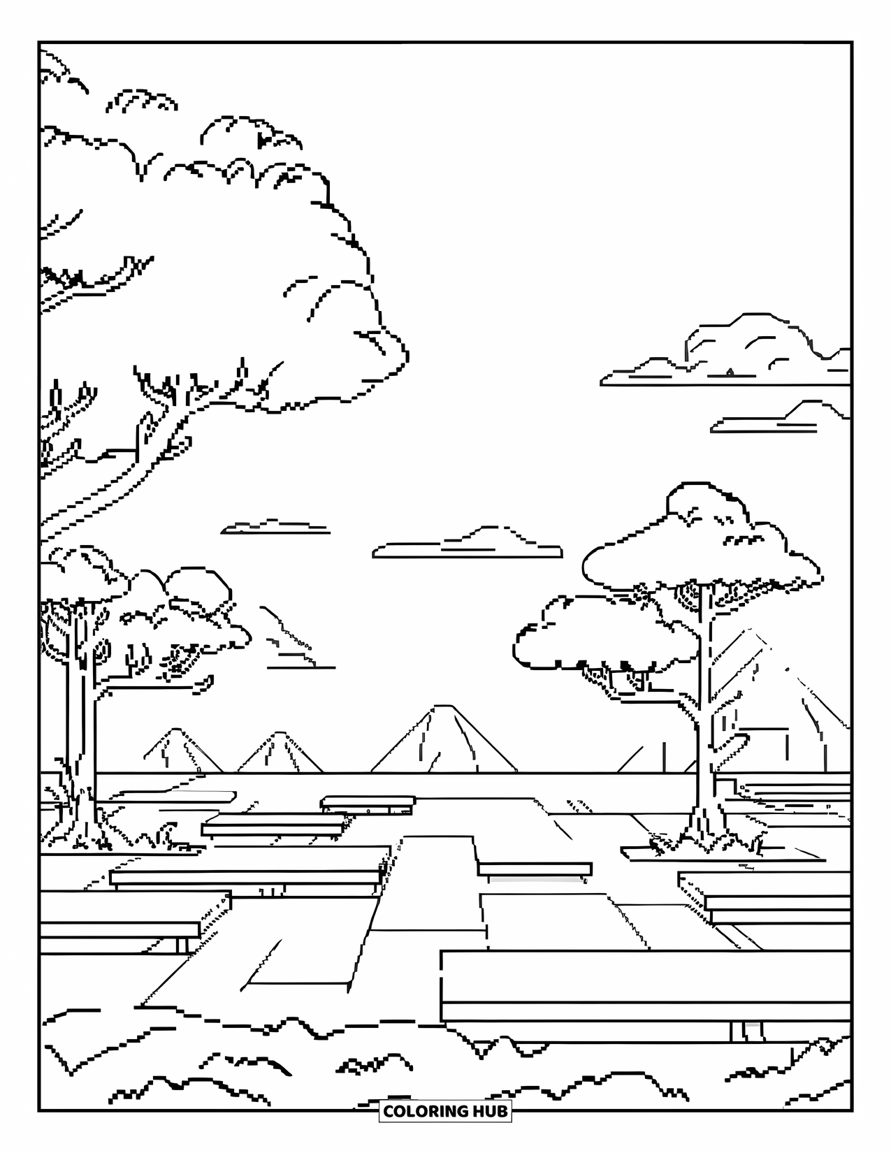 Gamer Coloring Page for Adults: Retro pixel-art landscape with trees, clouds, and mountains